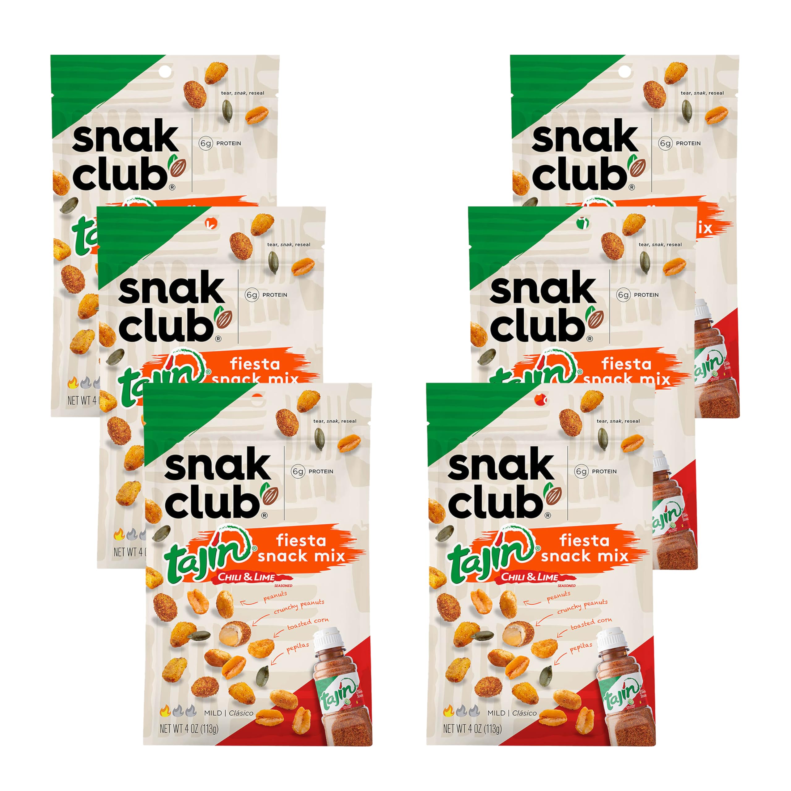 Snak Club Tajin Fiesta Snack Mix, Peanuts, Crunchy Peanuts, Toasted Corn, and Pepitas with Chili and Lime Seasoning, Mild, No Artificial Colors or Flavors, 4 oz Resealable Bags, 6 Pack