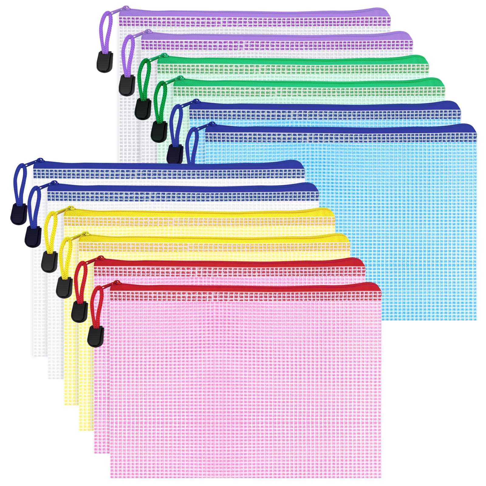 WISYOK 12pcs A5 Colorful Plastic Wallets Zip, Zip Lock Bags Mesh, Plastic Folders, Document Wallets, Zip Folders, Zipper File Bags for Office, School, Travel, Home (23.5x16.5cm, 6 Colors) — image 1