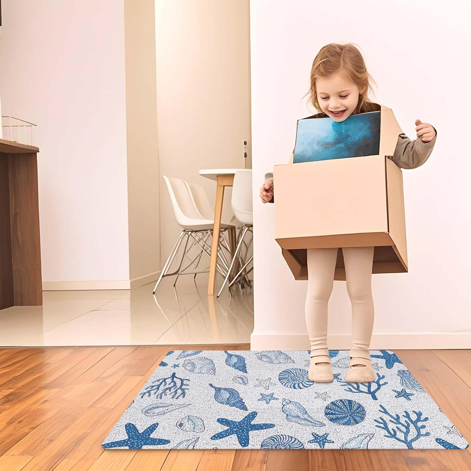 Beach Coastal Door Mat, Seashell Starfish Conch Coral Nautical Doormat Outdoor Indoor Entrance Porch, Blue Ocean Outdoor Mat, Beach Welcome Mats for Front Door, 17x30 Inch