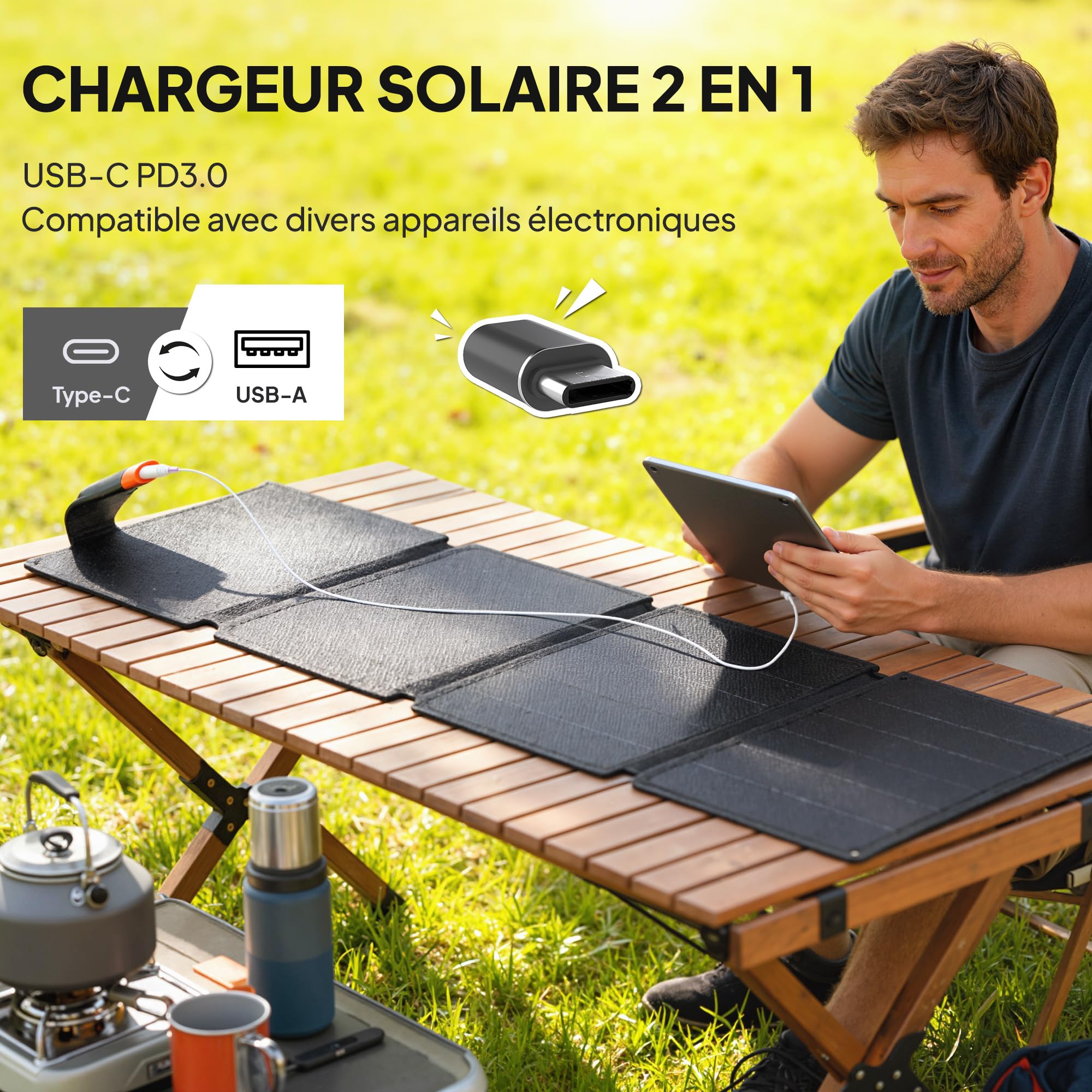 HOMCOM Chargeur Solaire Pliable 36W Panneau Solaire Portable avec Ports Type-C et USB-a imperméable IP67 pour téléphone, activités en Plein air, Camping, randonnée, Gris