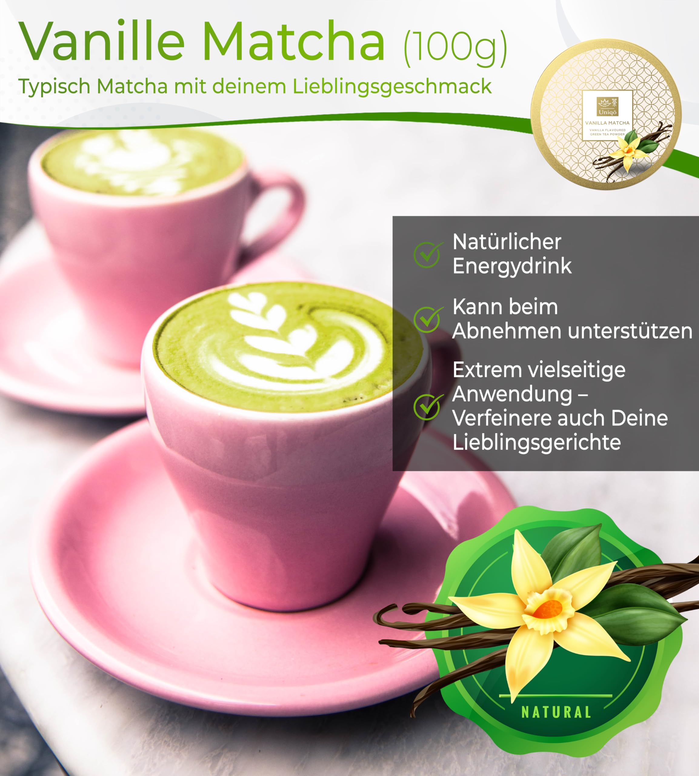 Tea Uniqo - Matcha Pulver Set mit Pink, Vanille und Pure Matcha | Tee Geschenkset mit Drachenfruchtpulver und Matcha Latte Pulver
