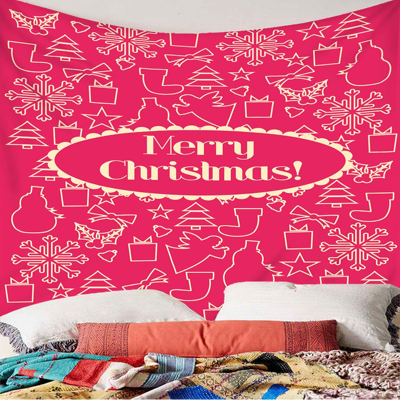 Garden Wall Decor, Adornos Hogar Navidad Tema Navideño Feliz Navidad Rosa Amarillo Poliéster Decoracion Aesthetic Tapiz 240X220cm