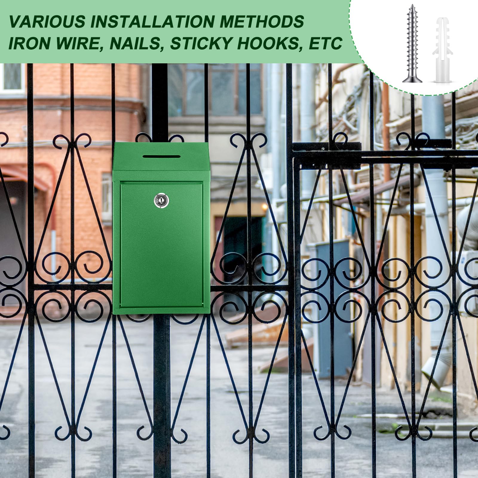 Yaocom Caja de metal para donación, caja de sugerencias segura con cerradura, buzón montado en la pared, contenedor de papeleta de entrega para casa, oficina, puerta al aire libre (verde brillante)