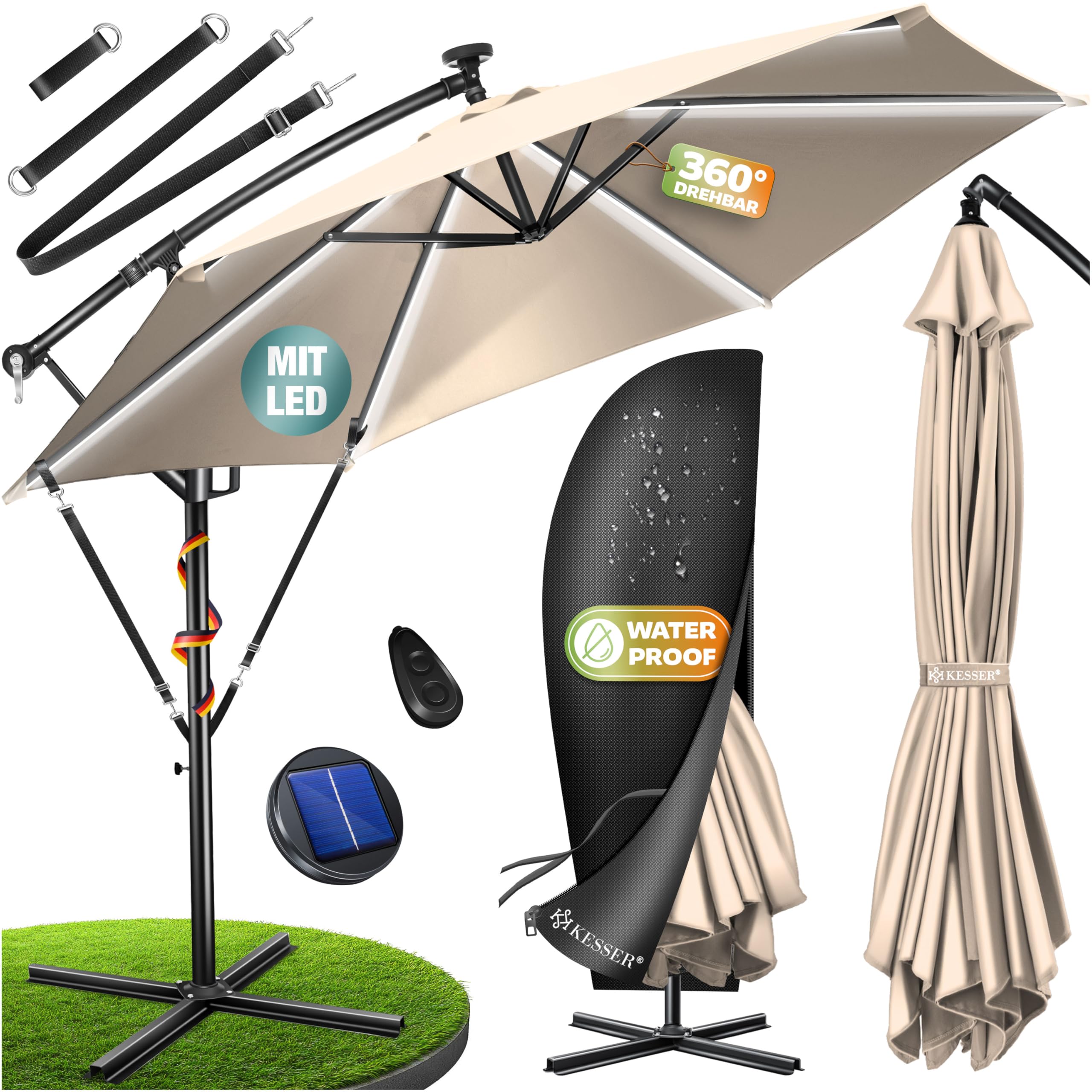 KESSER® Sombrilla LED Solar Aluminio 350cm Incluido Funda Control Remoto & Manivela | Parasol con Soporte Función 360° Protección UV Repelente Agua para Jardín Terraza Mercado Beige