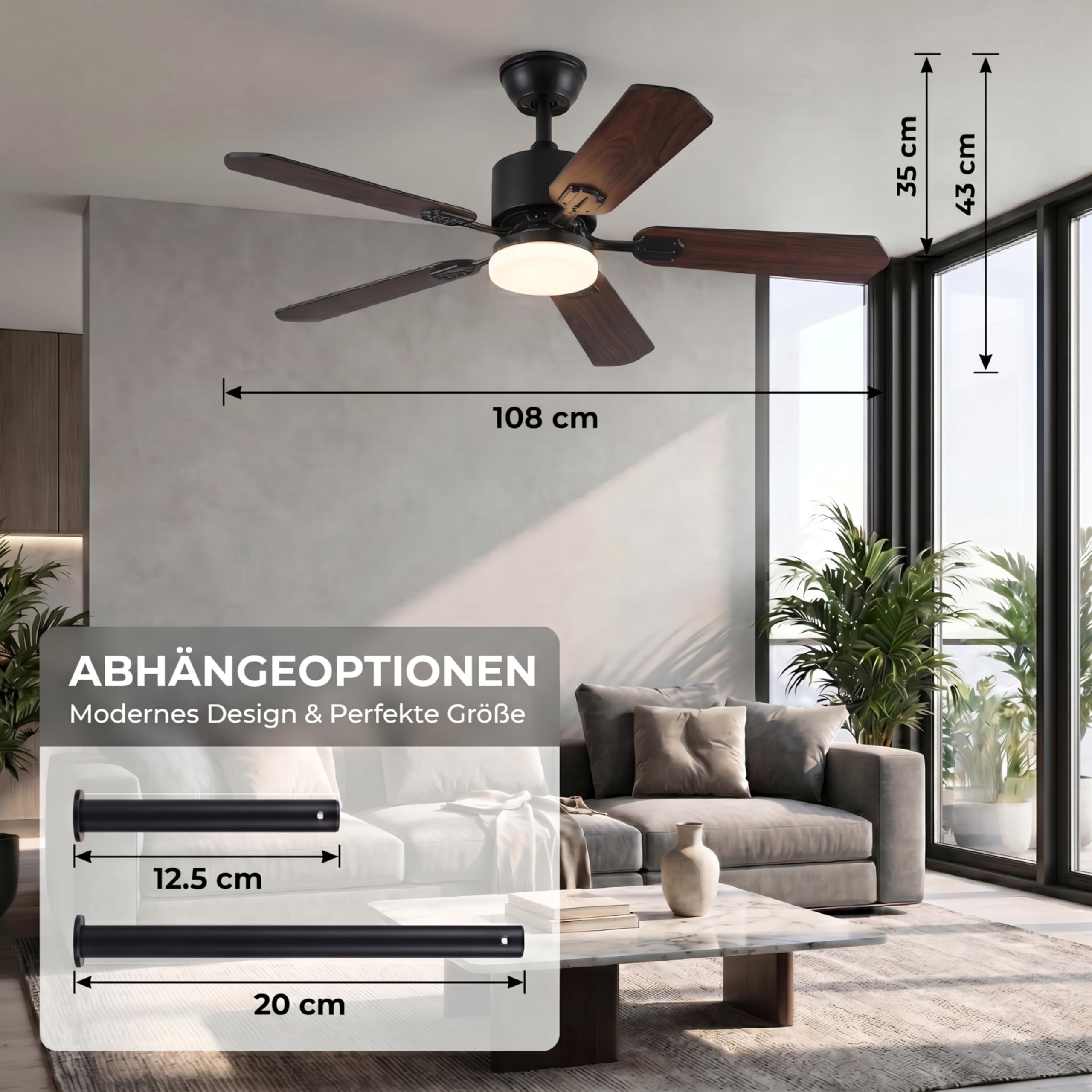 Deckenventilator mit Beleuchtung 3 Farbtemperatur und 6 Geschwindigkeiten LED Deckenventilator mit Lampe, APP/Fernbedienung, Timer, doppelseitige Flügel für Schlafzimmer Wohnzimmer (Schwarz, 108CM)