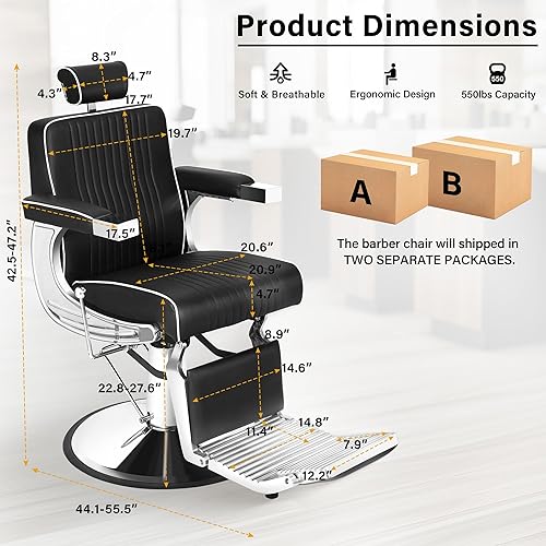 Miniatura 23 de Silla de peluquería, silla hidráulica reclinable de alta resistencia negra para peluquería con reposapiés y reposacabezas, silla giratoria ajustable