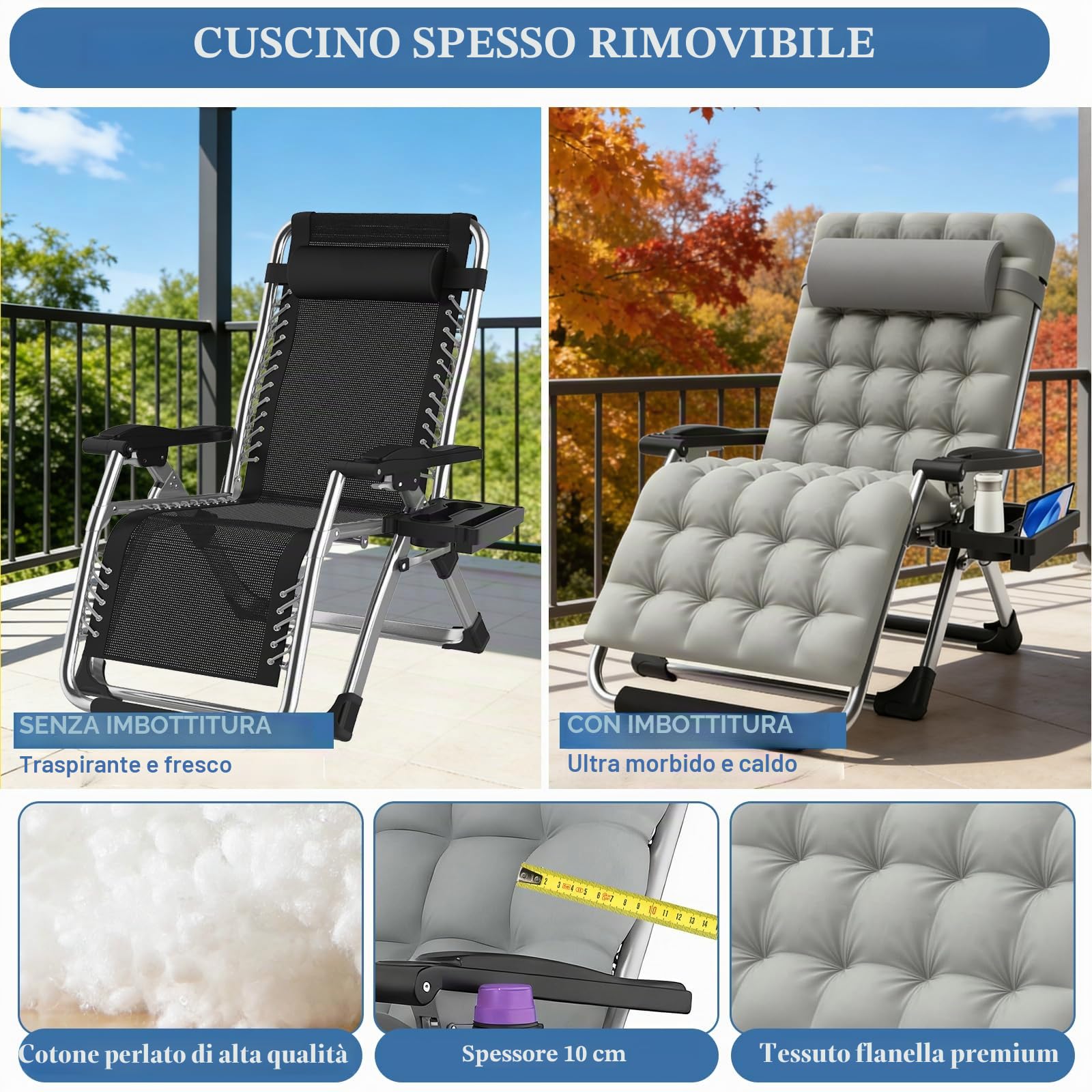 Fiutazge Lettino Prendisole Zero Gravity 72 cm,Sdraio Pieghevole con Cuscino, Schienale Regolabile, Pedaliera,Portabevande,Per Giardino,Piscina,Spiaggia,Terrazzo,Campeggio-Gray