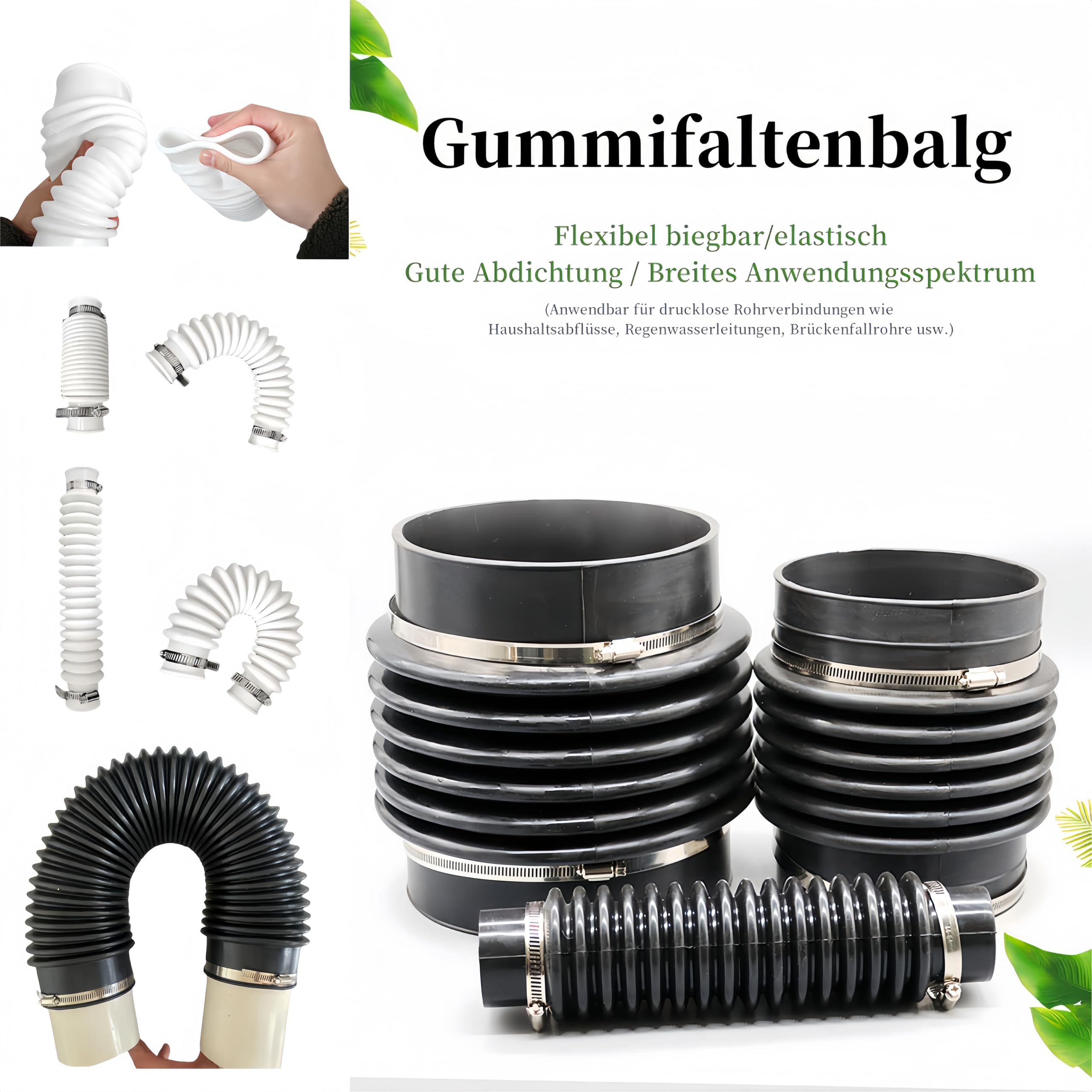 Ø 50 mm, Ø 75 mm, Ø 110 mm, Ø 120 mm, Ø 160 mm, Ø 315 mm, falisty wąż gumowy, rura odpływowa PCW, przyłącze wody deszczowej z dwoma obejmami (biały silikon, interfejs I.D. 150 mm, długość 350