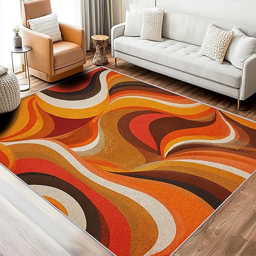 Miniatura 2 de Retro 70s Rug, Washable 6x9 Rug for Living Room, Abstract Vortex Patterned Indoor Carpet, Retro 70s Decor for Home, Bedroom, Soft Non Slip Thin