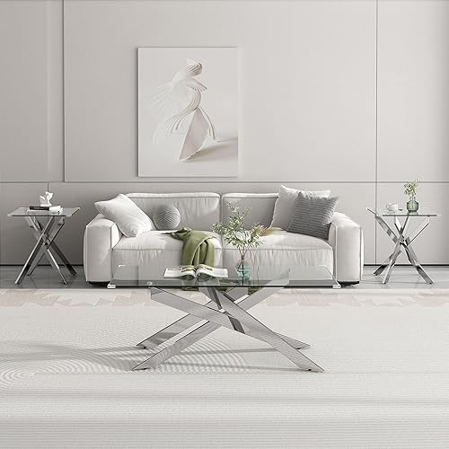 Juego de mesa de sala de estar, mesa de centro de vidrio de 47 pulgadas y 2 mesas auxiliares, juego de mesa de centro de vidrio con mesa de vidrio