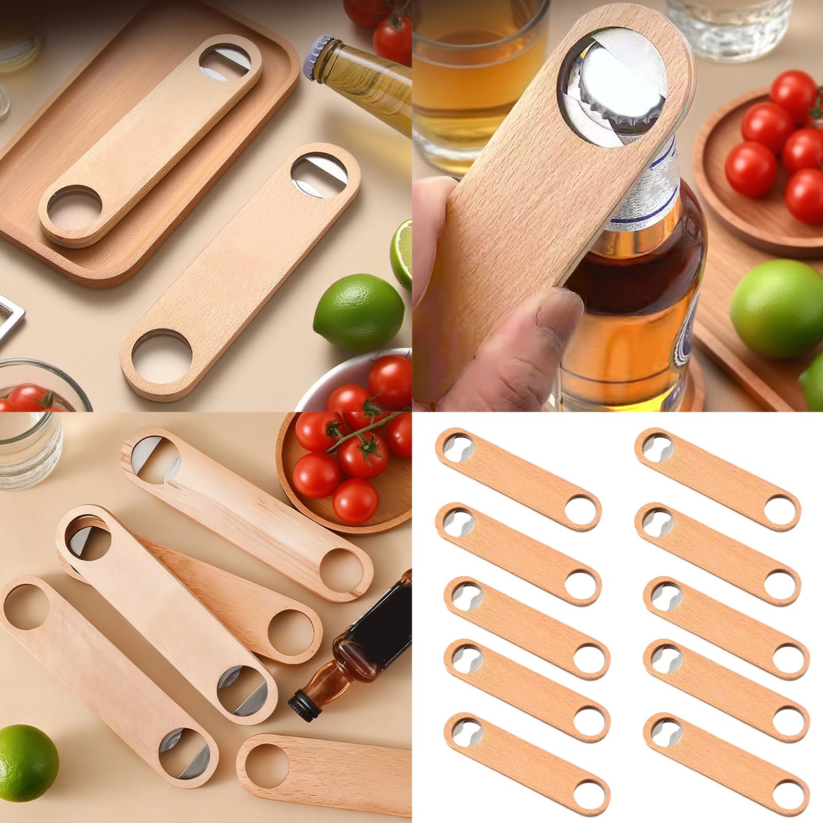 10 abridores planos de botellas de cerveza con mango de madera, accesorios de cocina
