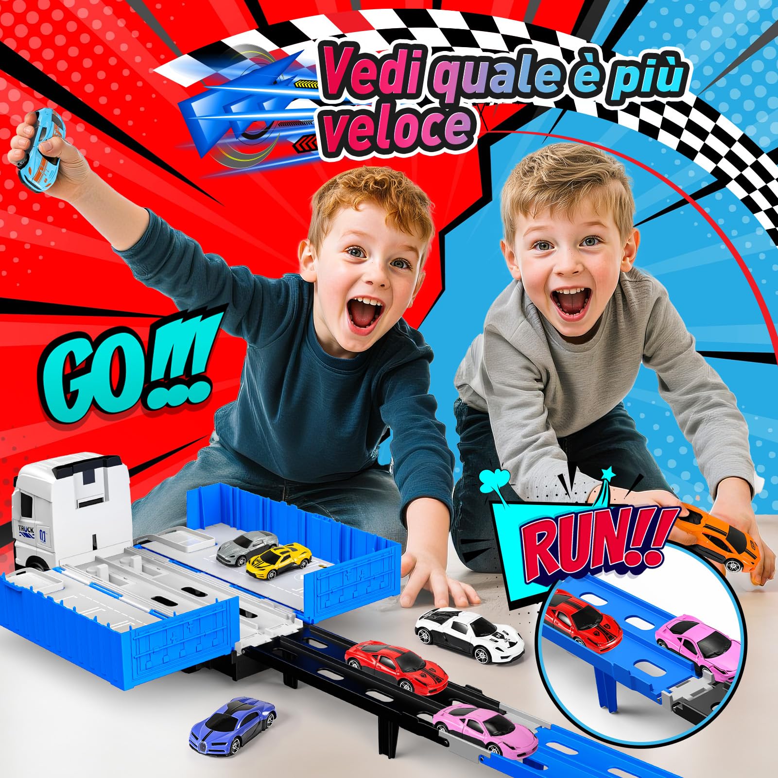 iKidiki Macchinine per Bambini, Giochi Bambini 2 3 4 5 6 Anni Camion Giocattolo per Bambino Regalo Bambino 2 3 4 5 6 Anni, Traccia Car con 8 Auto da Corsa in Lega