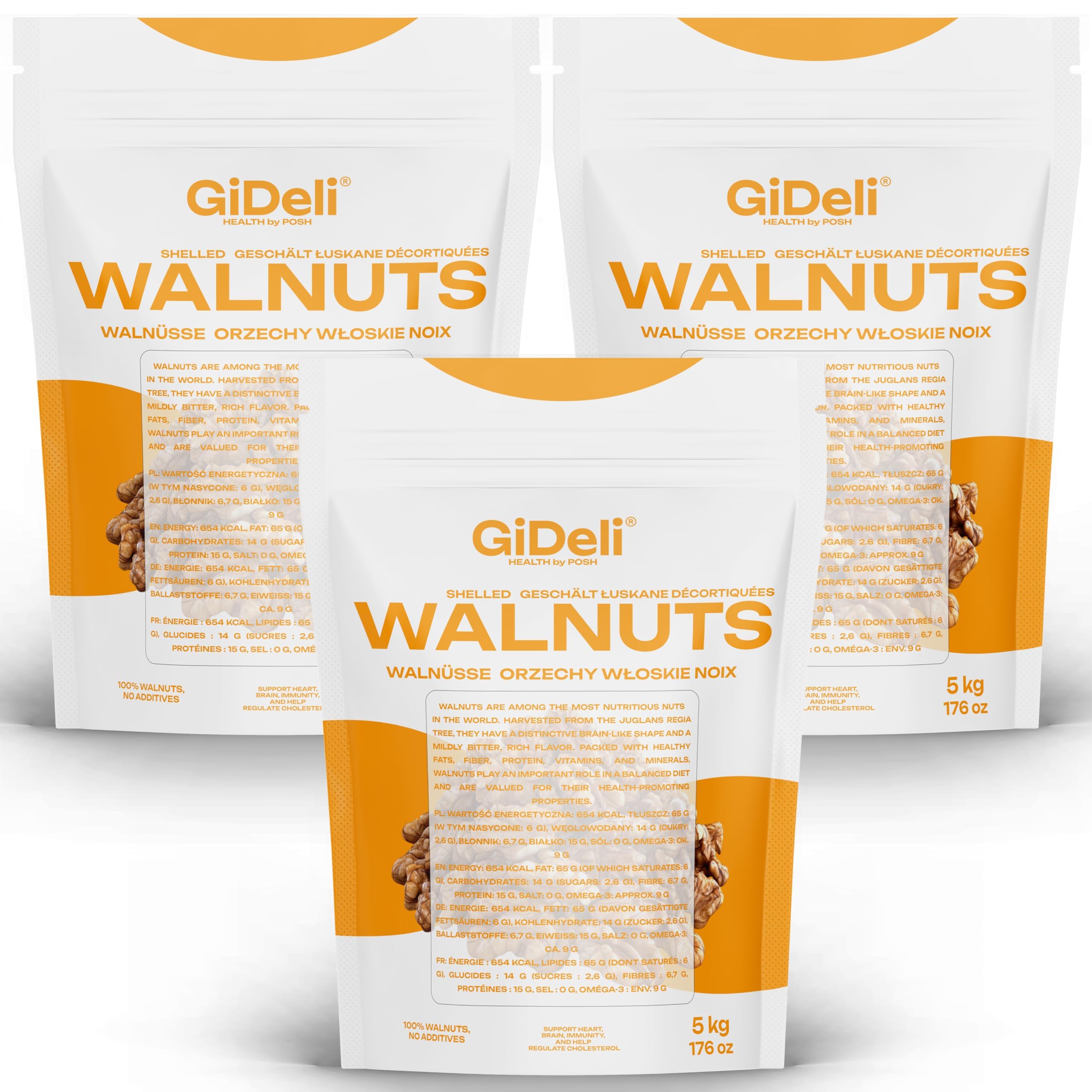 GiDeli Nueces Peladas Enteras 3 x 5 kg - Sin Sal - Bolsas