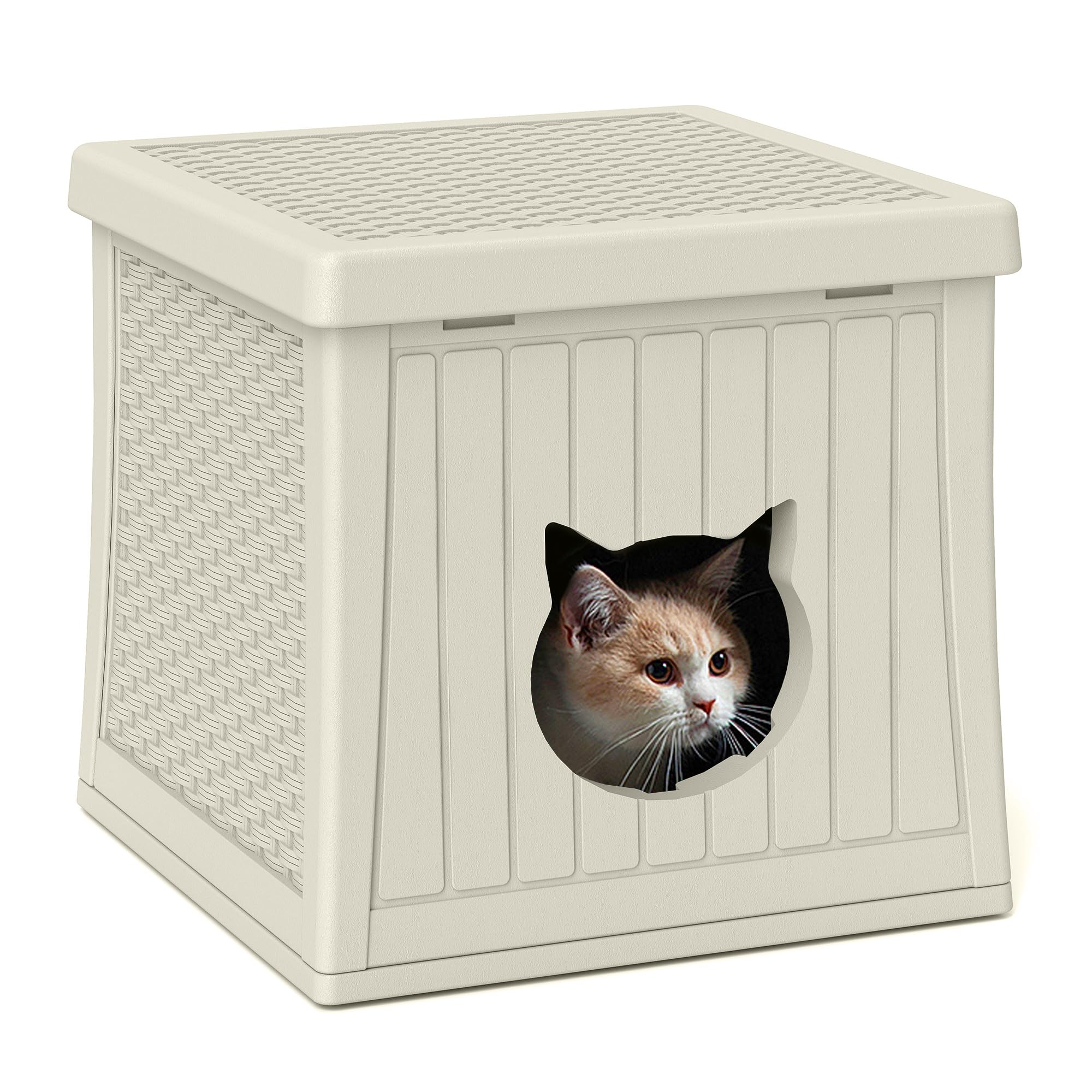 ZYJOYY Plastic Cat House for Indoor Use, Weatherproof Outdoor Cat House for Feral Cats, Unique Cat Shelter for Small Pet, Spacious, Easy to Assemble, Vanilla