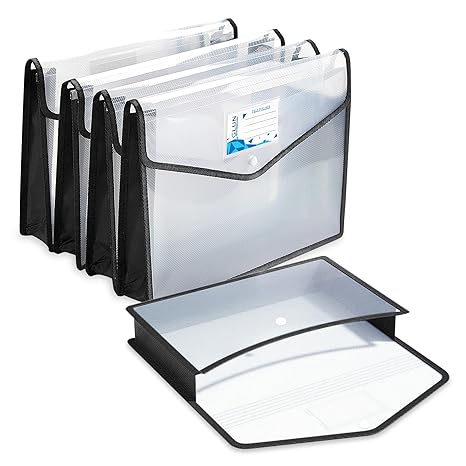 GLUN® A4 Transparent Document File Folders with Button Closure – Set of 5 Poly Envelope File Folders, Waterproof Plastic Paper Organizer for Office, School, Bills & Certificates (Black)