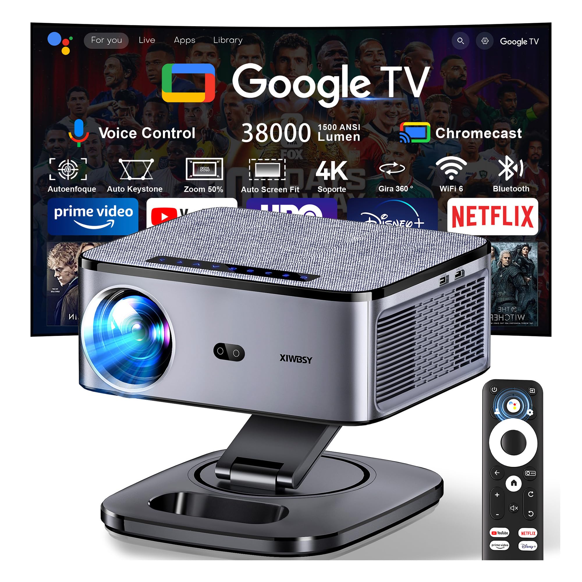 Proyector 4K 【FIFA World Cup/1500 ANSI/Google TV】 XIWBSY Proyector Bluetooth Portatil 38000 Lúmenes, Gira 360 °, Official Apps, Control por Voz, 1080P FHD, Proyectores Video Cine En Casa/Exterior