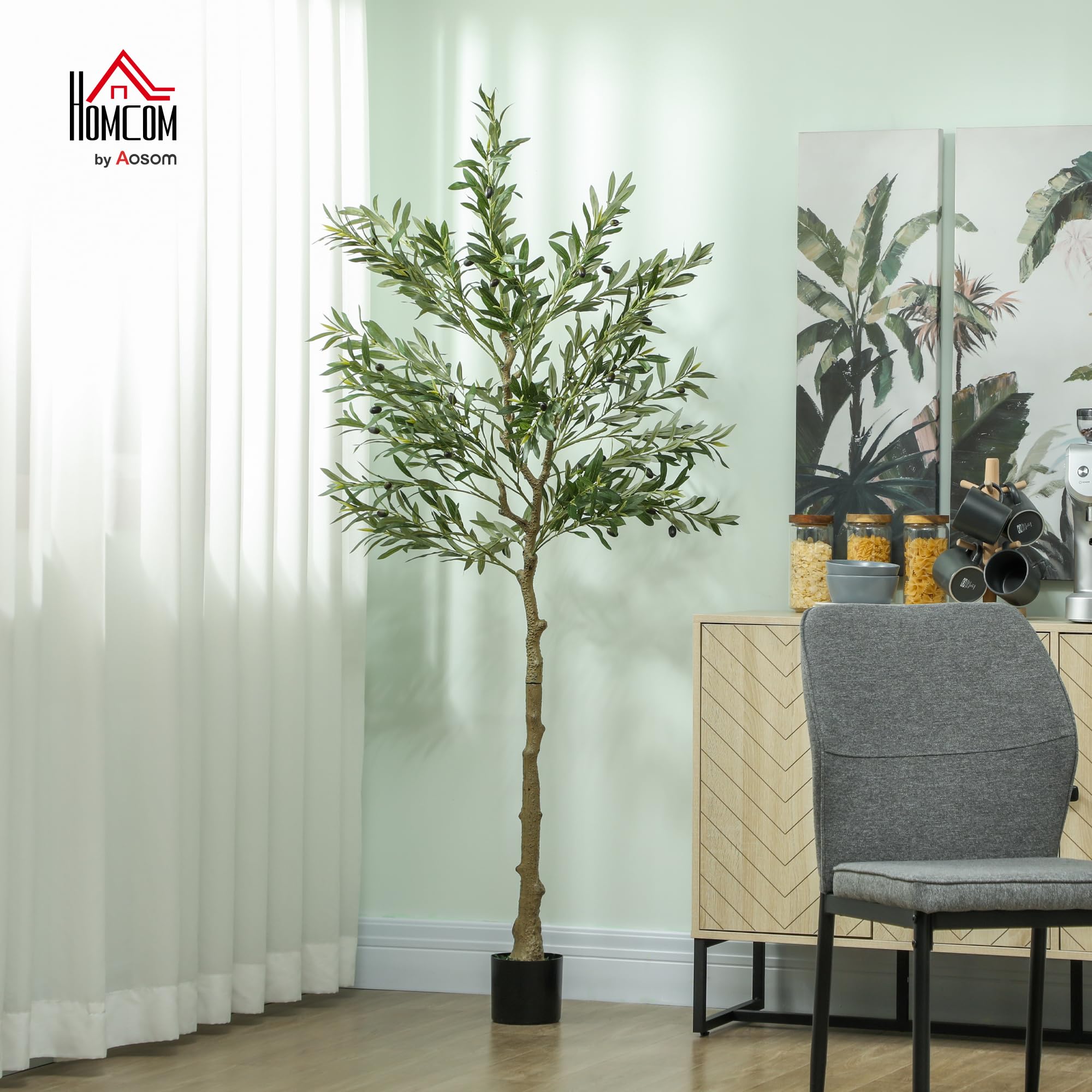 HOMCOM Olivo Artificial 180 cm Planta Artificial Grande 40 Aceitunas Verde | Decorativa de Interior, para Decoración de Hogar, Oficina, Dormitorio y Balcón