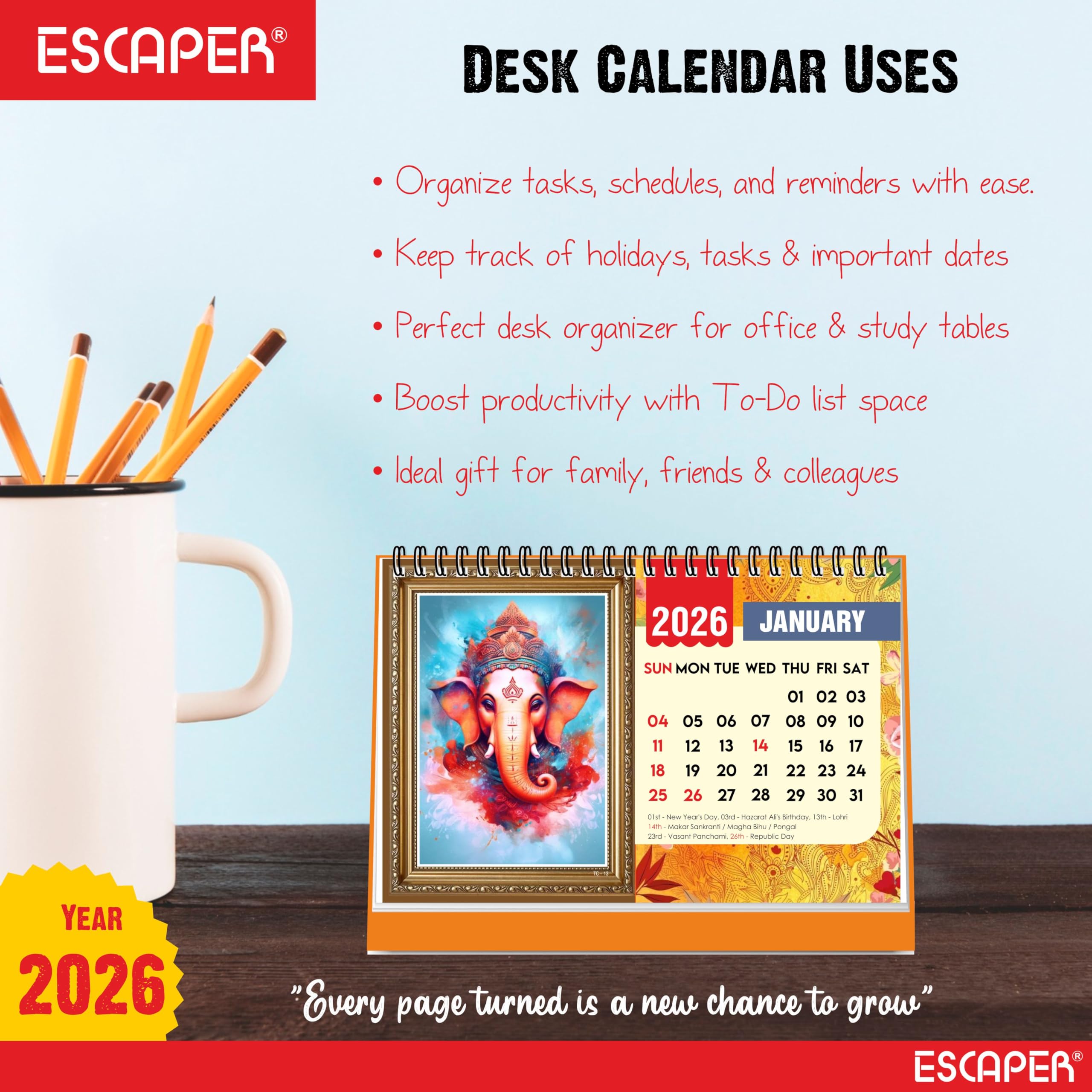 ESCAPER Lord Ganesha Stehender Flip-Desktop-Kalender 2024, 12 Monatsseiten mit dickem Papier, Doppeldrahtbindung, Tischkalender 2024 (A5, 21,6 x 14,0 cm)