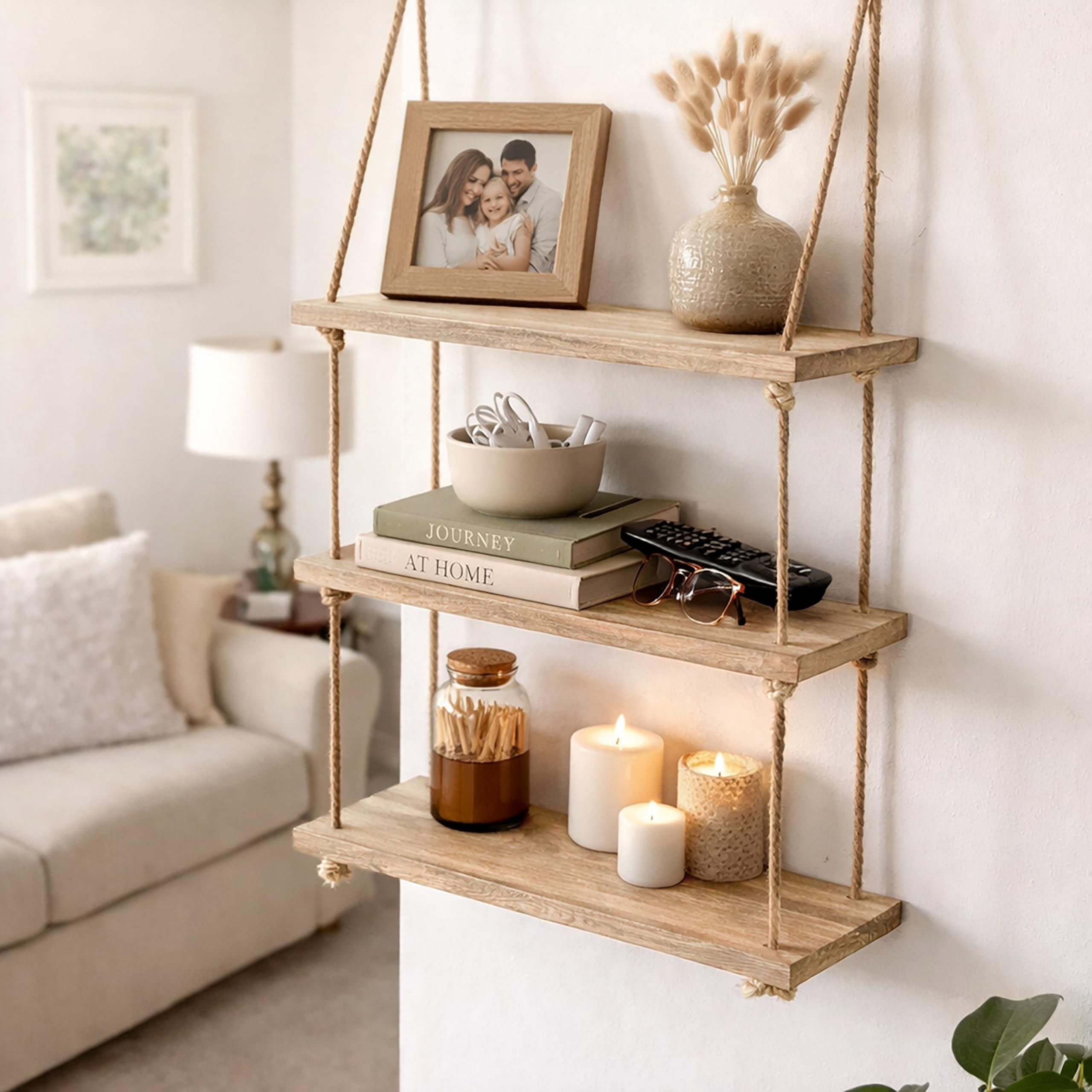 Marco Paul Interiors 3 Tier Hanging Shelf Wood Rope Wooden Shelves For Wall Rustic Bathroom Decor Floating Nursery Storage Display Home Decor Hanging Display