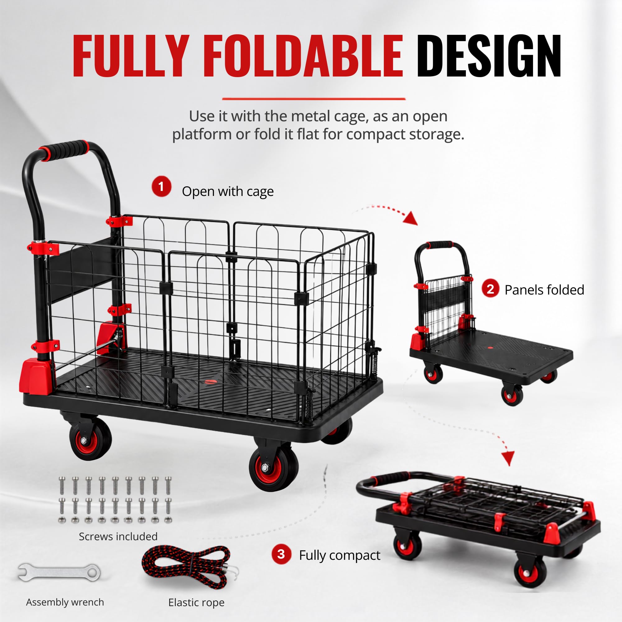 Carro Plataforma Plegable, Jaula Metálica, Soporta 200 kg, 4 Ruedas 360° | Plataforma de 66 × 48 cm, Asa Acolchada y Cuerdas de Sujeción