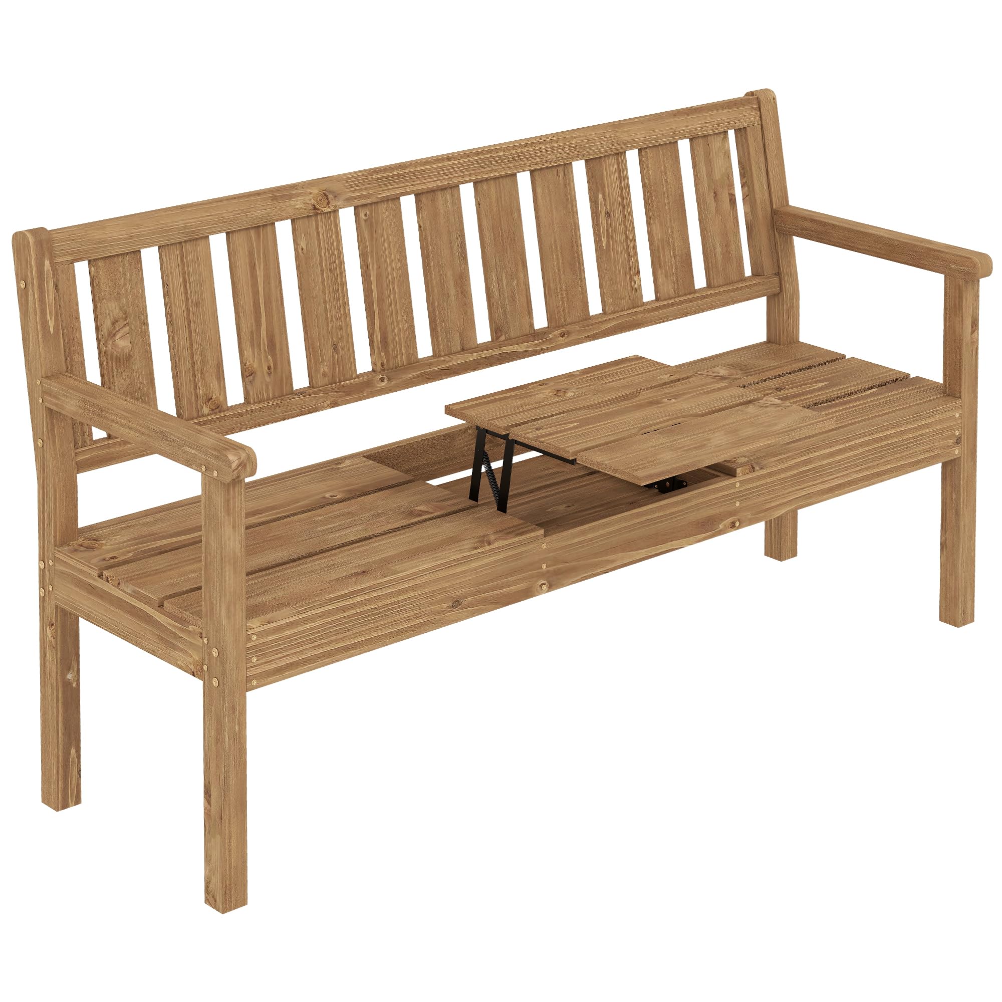 Outsunny Wooden Garden Bench with Liftable Table and Hidden Storage Shelf, 2-3-Seater Outdoor Patio Loveseat with Fir Wood Frame, Armrests for Porch, Park, Teak