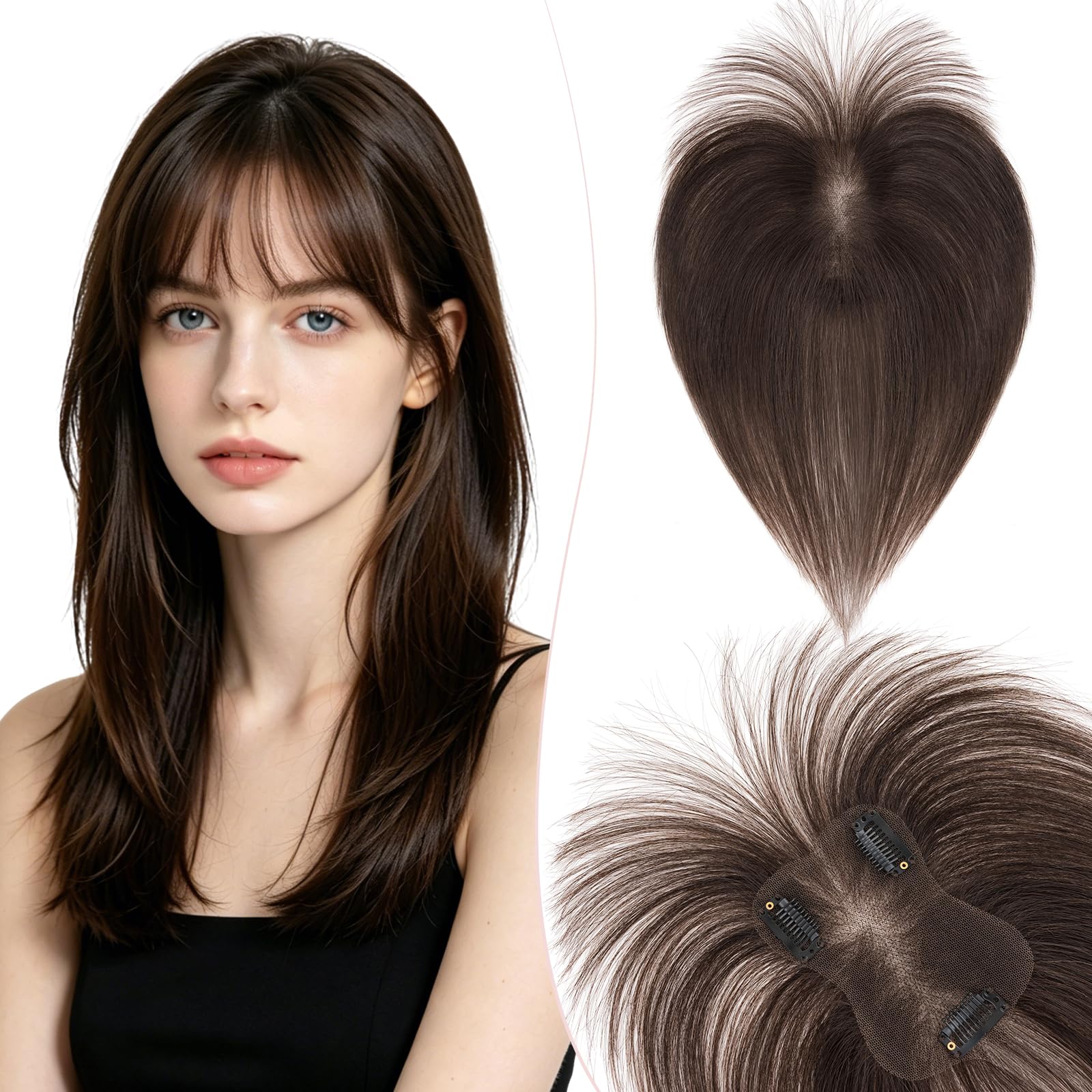 Silk-co Hair Topper Echthaar mit Pony, 8x11cm handgebunden Basis Toupet Damen, Clip in Haarteile mit Spitzen-Seidenbasis, 16g