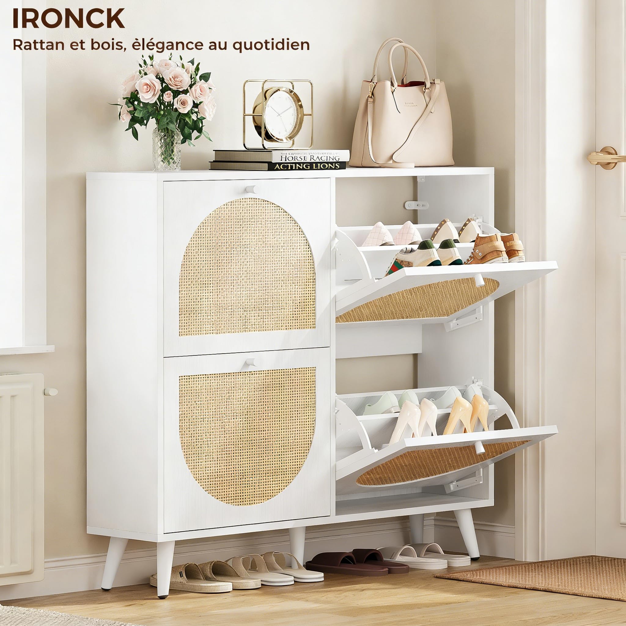 IRONCK Meuble à Chaussures en Cannage et Bois, 4 Portes Étroit avec Étagères Réglables, Rangement Chaussures pour Entrée, Couloir, Salon, 100x24x95 cm (Blanc)