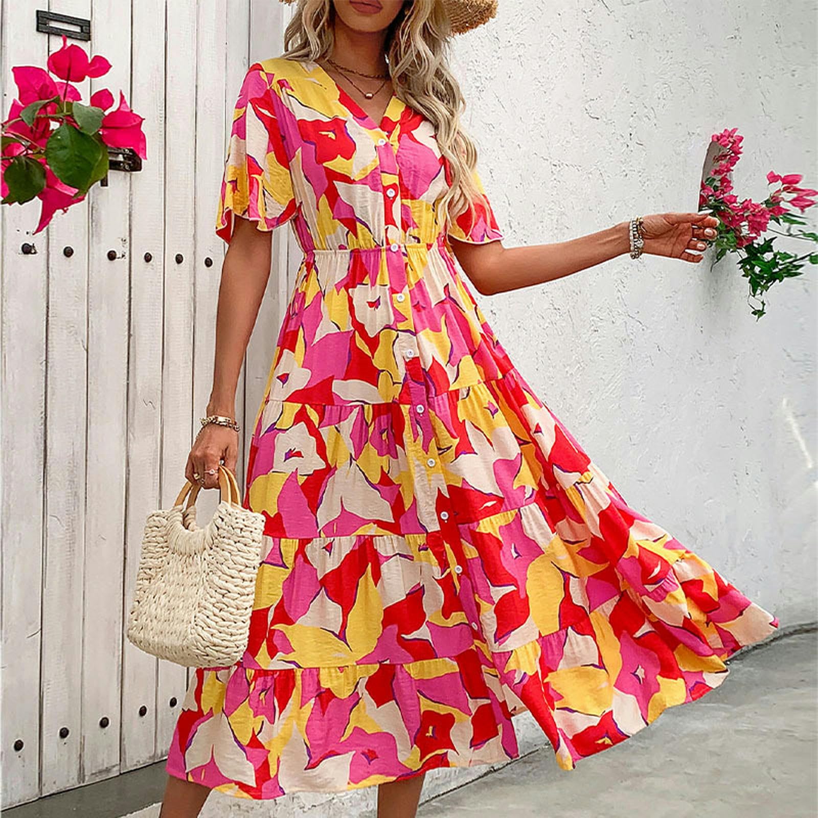 Vestido de manga corta con botones para mujer, con cinturón, casual, primavera, verano, playa, vestido de sol para mujer. YYEFNMAZ