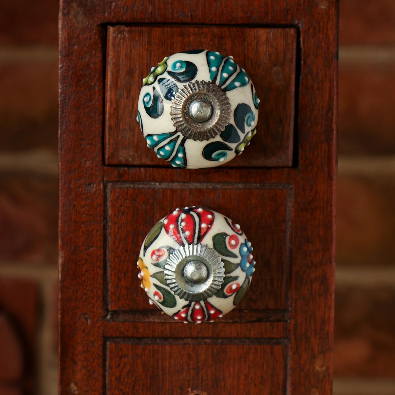 TRINCA-FERRO Set of 6 Round Ceramic Talid Knobs Antique Chrome Finish Kitchen Cabinet Cupboard Door Knobs Dressser Wardrobe and Drawer Pull
