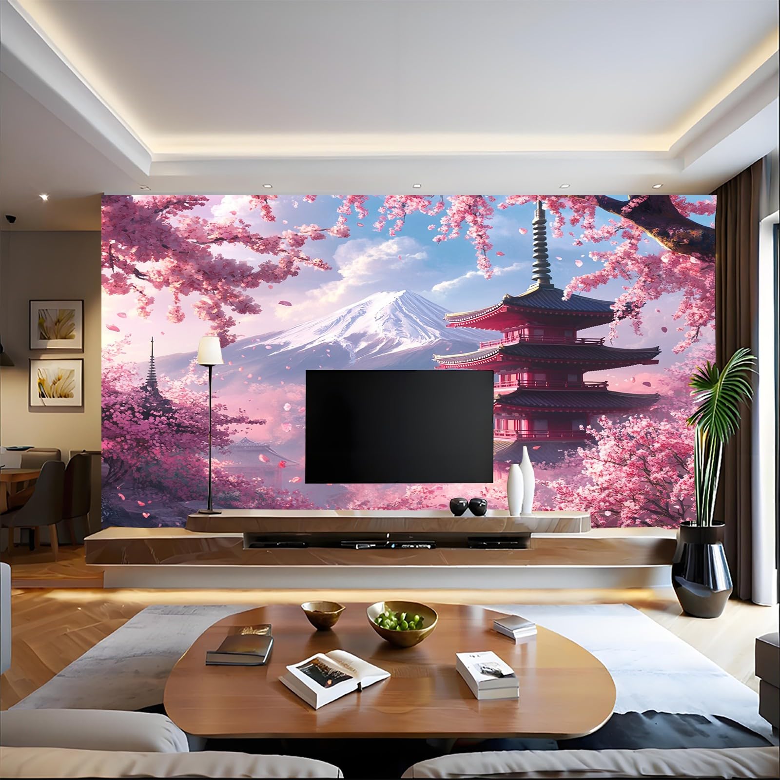 Fototapete Japanischer Kirschblütenturm 3D Effekt Vliestapete 350 x 256 cm Rosa Wandtapete Wandbild für Wohnzimmer Schlafzimmer TV Hintergrund