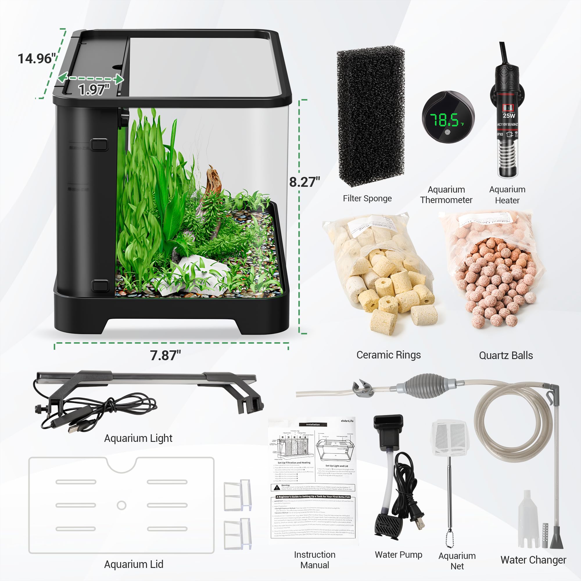 Tanque de peces autolimpiante de 3.5 galones, kit de inicio de acuario para Betta, peces pequeños y camarones, pecera Betta con calentador, termómetro digital, luz LED, sistema de filtración oculto y