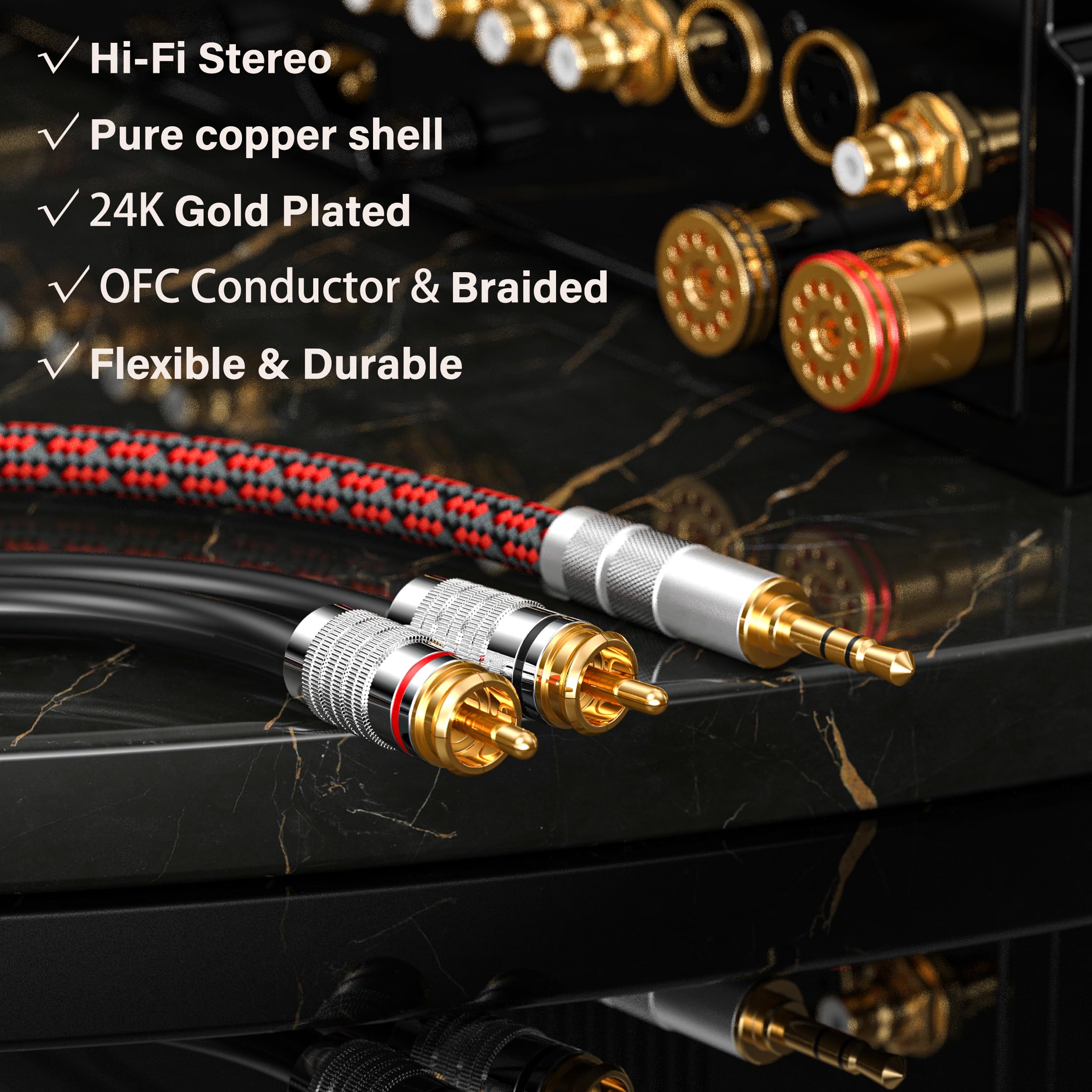 Cinch-auf-3,5-mm-Kabel, Aux-auf-Cinch-Kopfhörer-Stecker auf Stecker, Audiophil, geflochten, 1/8 auf RCA-Audio, Y-Kabel für Smartphones, Tablets, Lautsprecher, MP3, HDTV (gerade 3,5 mm auf 2