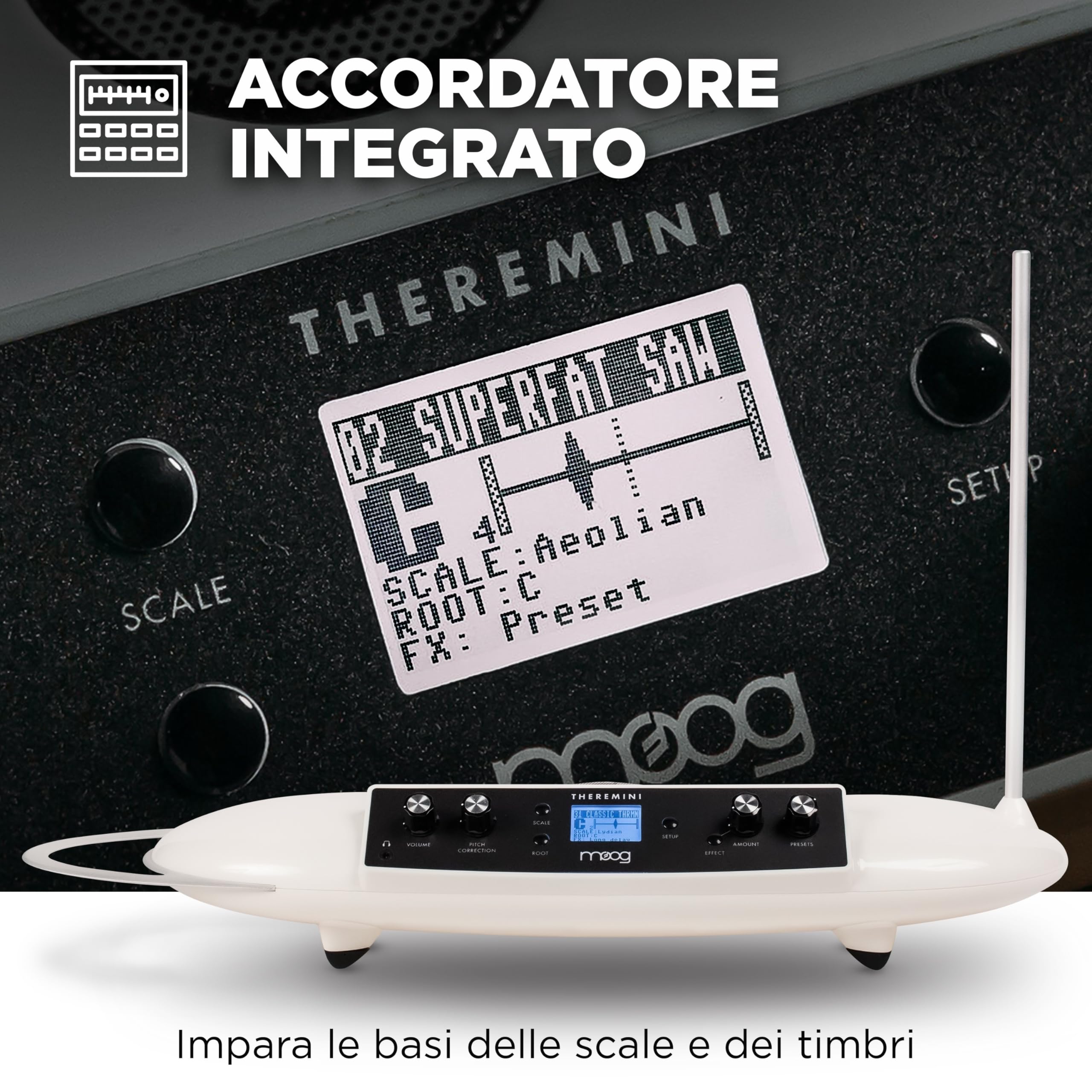 MOOG Theremini - Theremin con Pitch Correction, Uscita CV, Accordatore, Altoparlante, Schermo LCD e AniMOOG Synthesizer Sound Engine con 32 Preset