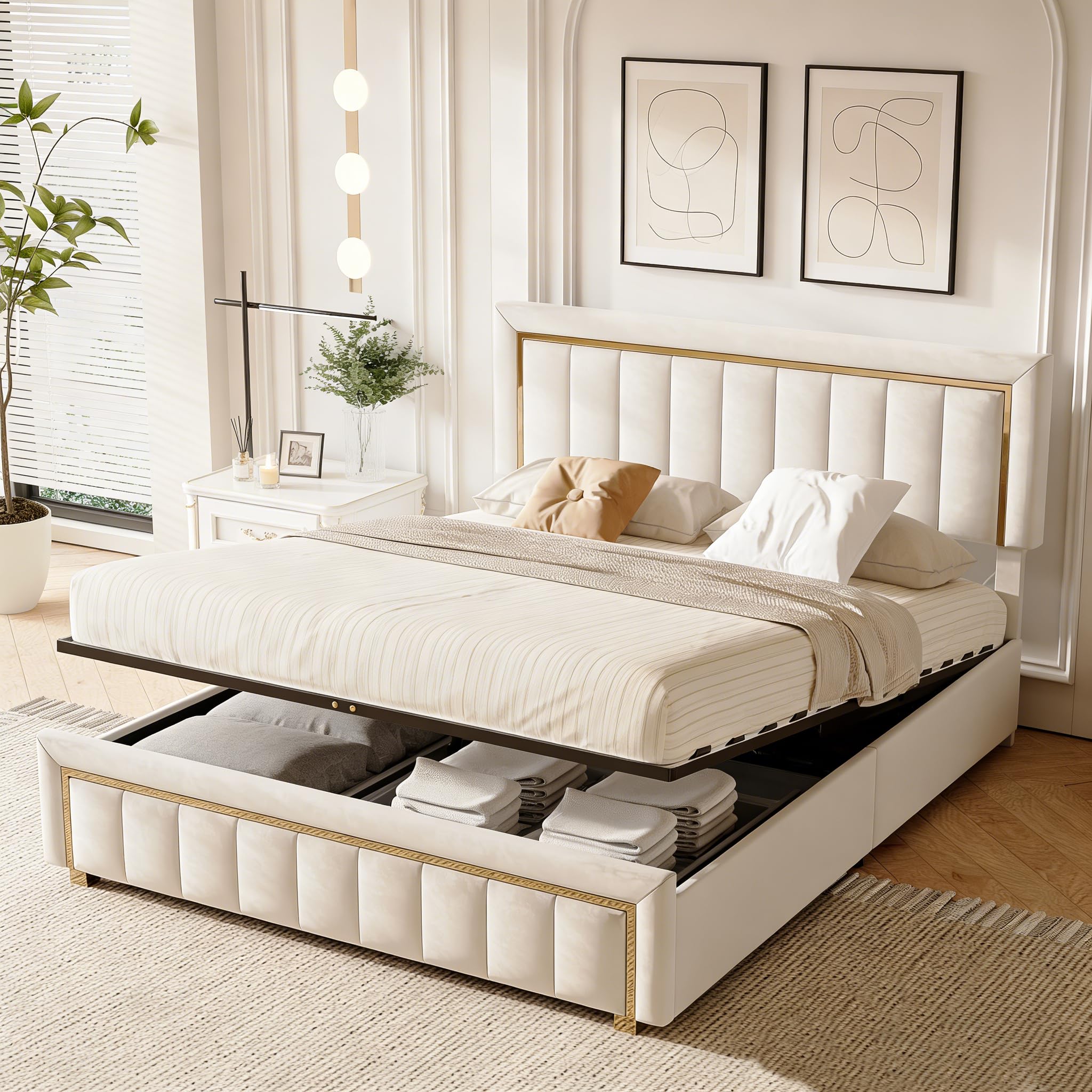 Cama tapizada de 160x200 cm, cabecero de Terciopelo Beige con Ribete Dorado, Cama de Matrimonio con canapé, Apta para Adultos y Adolescentes, colchón no Incluido