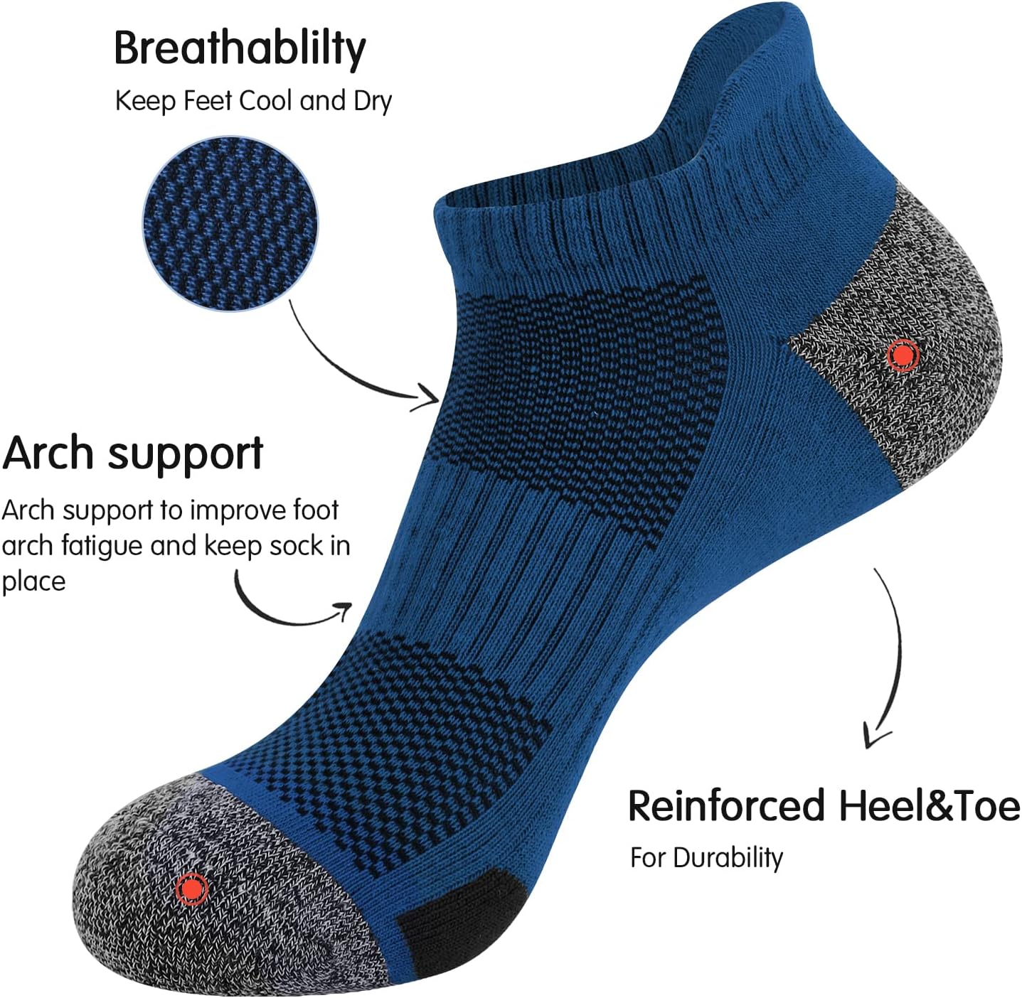 JOYNÉE Mens Ankle Athletic Low Cut Socks Running Sports Cushioned Sock for Men 6 Pack - Image 3