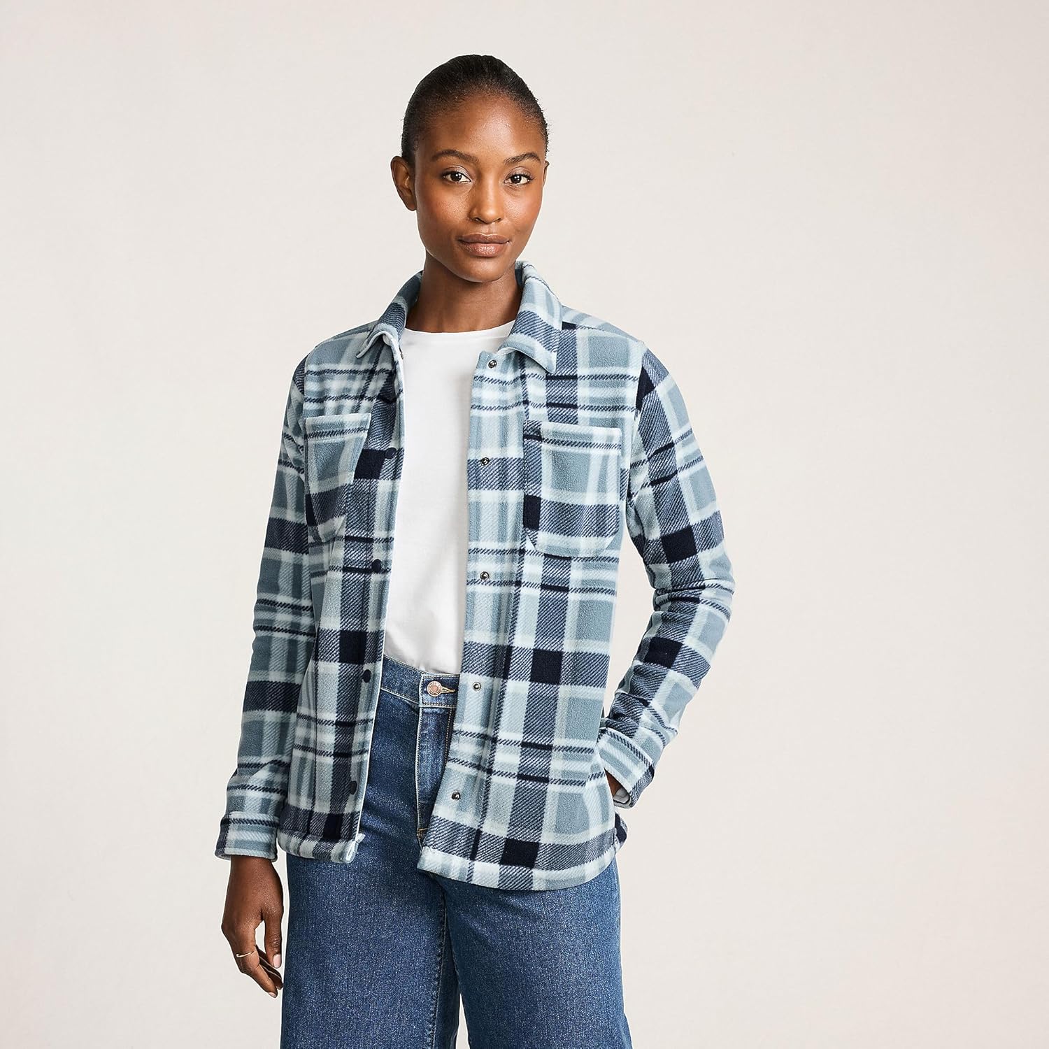 Lands' End Women's Print Anyweather Fleece Shirt Jacket Small Soft Ice Blue/Navy Plaid - Image 3