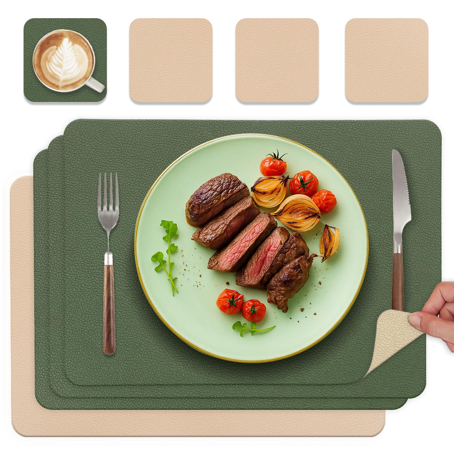 HELI MIAO Tischsets Abwaschbar 4er Set - Doppelseitige Platzsets & Untersetzer aus Lederoptik, rutschfeste & wasserdichte Tischunterlage für Esstisch und Familie - Rechteckig in Waldgrün+Haferfarbe