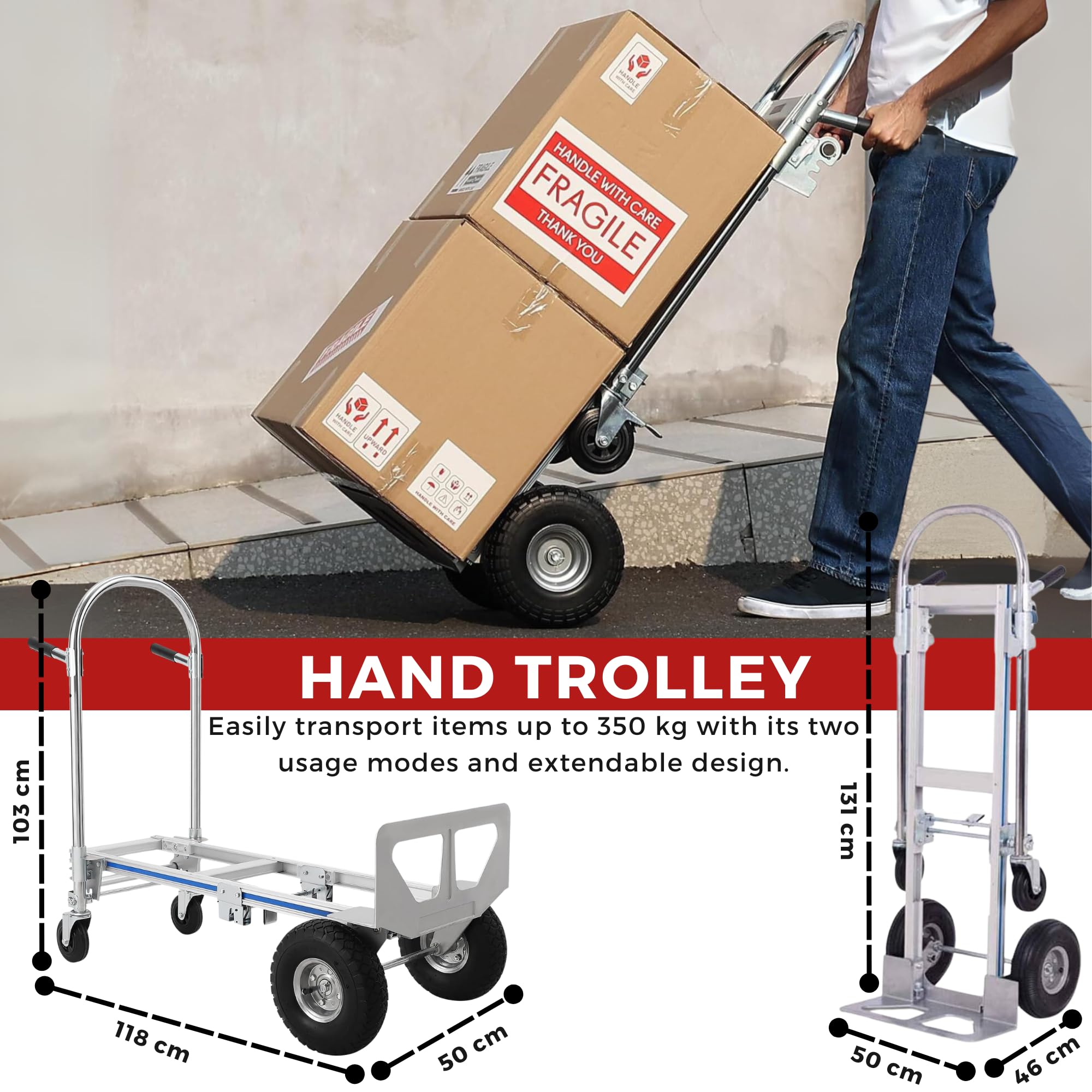 Carrello a mano in alluminio 2 in 1. Carrello da trasporto con 4 ruote, convertibile in piattaforma o carrello a mano, capacità di 350 kg. Carrello di carico pieghevole per magazzino, trasloco.