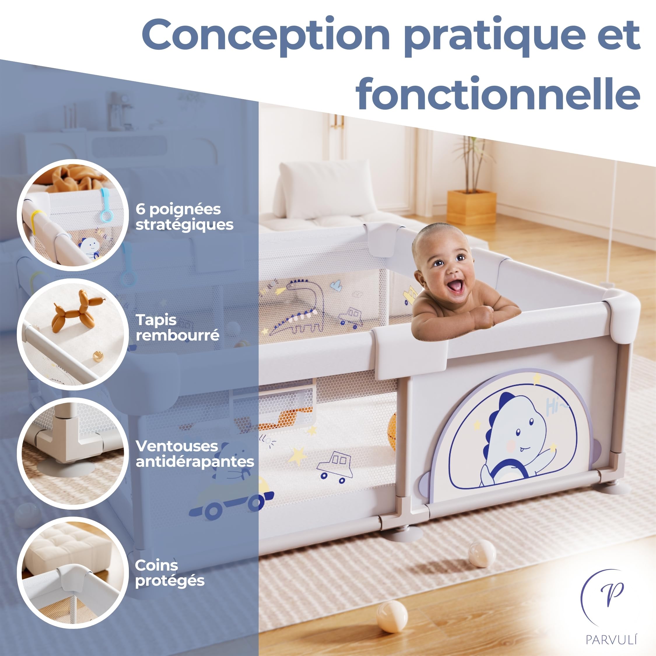 PARVULI Parc Bebe 120x120 cm - Enclos pour Bébé avec 6 Poignées et Tapis de Jeu Rembourré - Parc pour Bebe Pliable pour la Maison avec Maille Respirante et Barrières Protégées