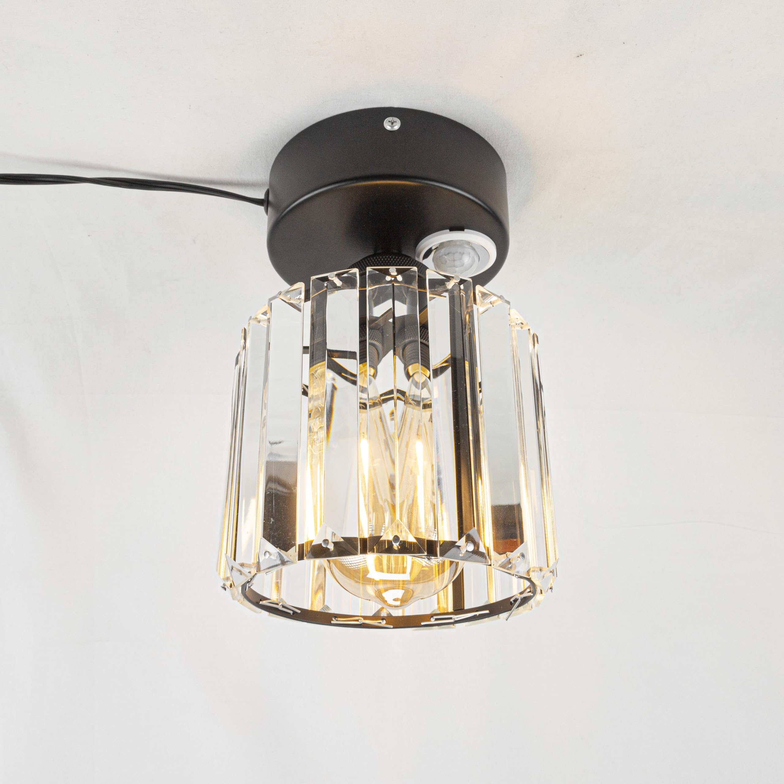 Plafoniera con sensore di movimento interno, moderna lampada da soffitto in cristallo, sensore di movimento con cavo da 4,5 m e portalampada E27, per corridoio, bagno, scale, garage, nero