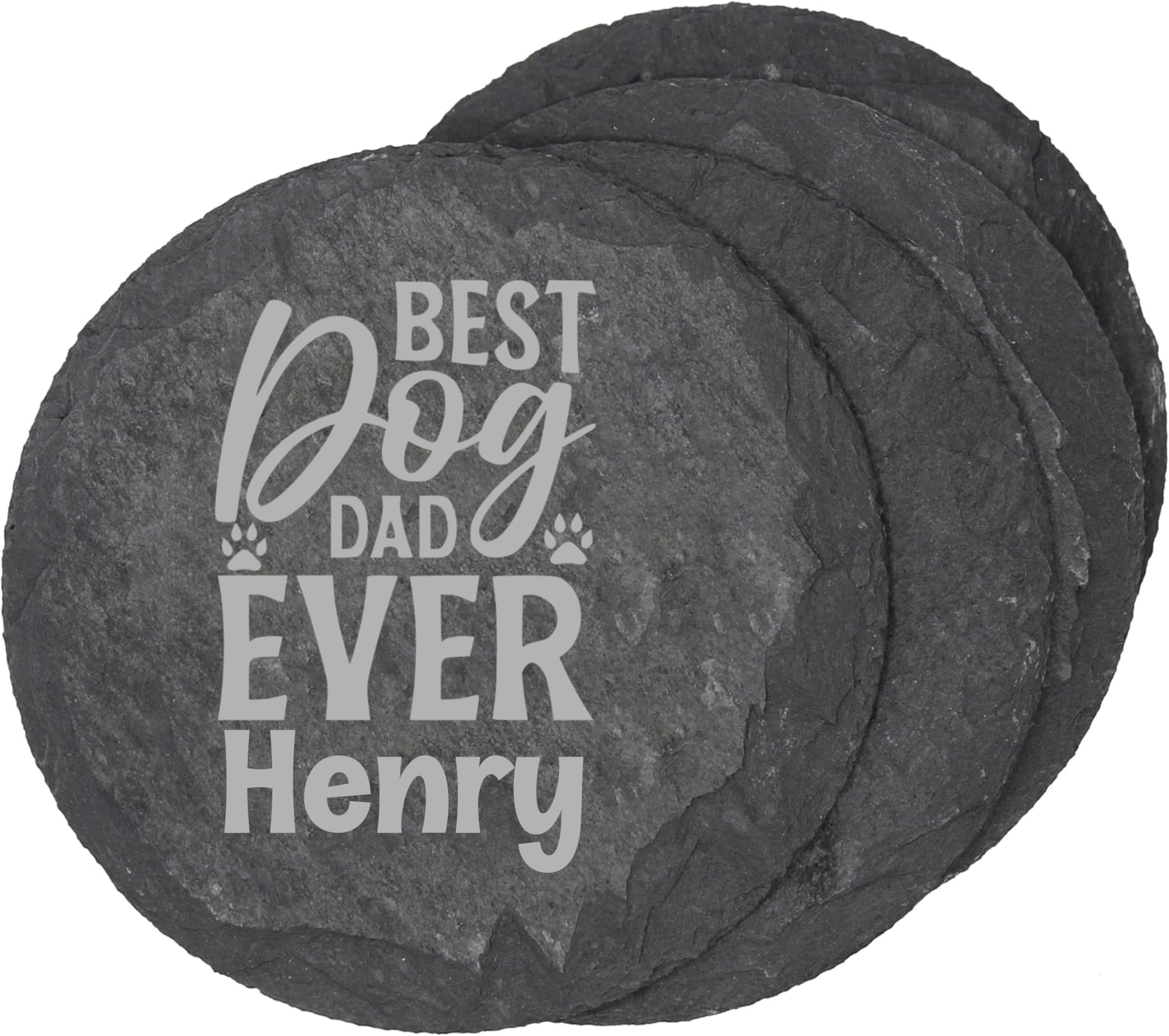 PB TECH Personalised Best Dog Dad Ever Coaster Slate - Fathers Day Engraves Coaster Gifts for Dad Daddy Stepdad Him Men Brithday Christmas Custom Gift (Round)
