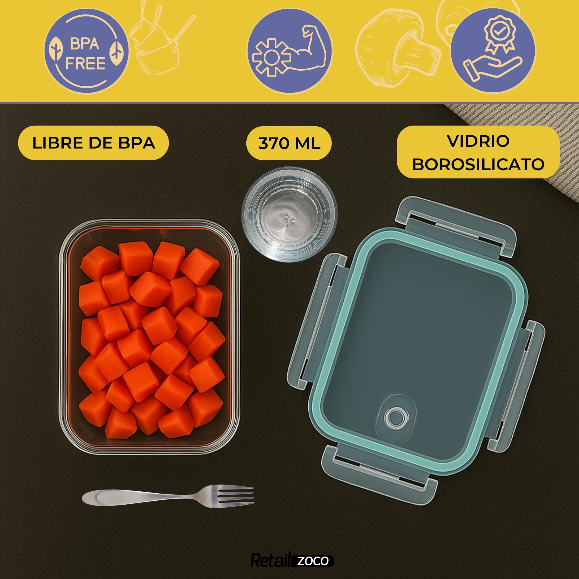 Fiambrera de Cristal rectangular, Recipientes de Cristal para Alimentos, Cierre Hermeticos con Tapa, Reutilizables, Apto Lavavajillas y Microondas, Libre de BPA, Capacidad 370 ml, Pack 4 uds - imagen 2