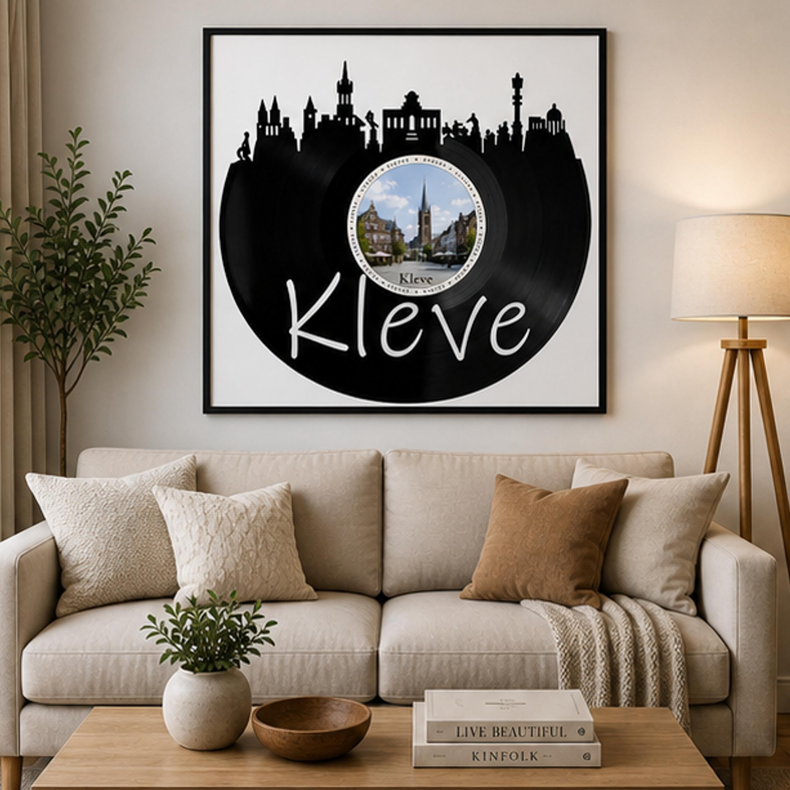 EVEVO Dekoracja ścienna z płyty gramofonowej w ramie 32 x 32 cm Kleve - winylowa sztuka ścienna Niederrhein prezent dla fanów Kleve, lokalnych patriotów