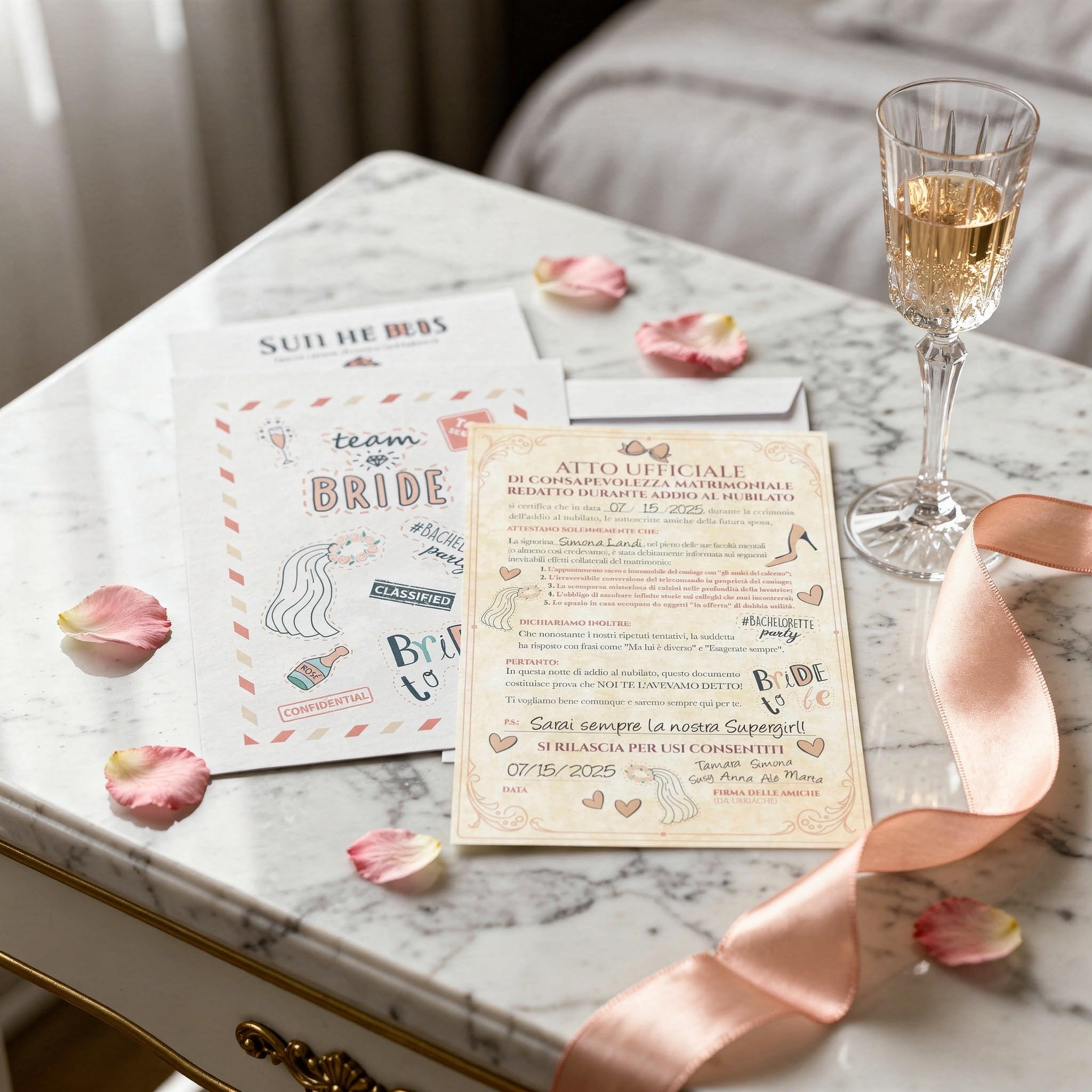 KAÏDENSÏ Gadget Addio al Nubilato Sposa - Pergamena Atto di Consapevolezza Matrimoniale - Accessori Team Bride Divertenti - Kit Idea Regalo Originale