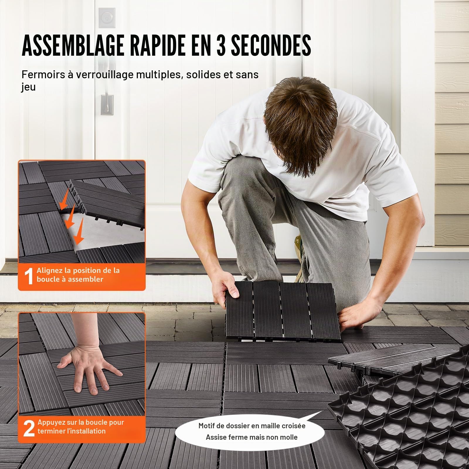 VEVOR Dalles de Terrasse Emboîtables, Lot de 36, Revêtement de Sol Plastique Imperméable, 300x300 mm, 33444 c㎡, Utilisation par Tous les Temps, pour Porche, Piscine, Balcon, Arrière-cour, Marron Foncé