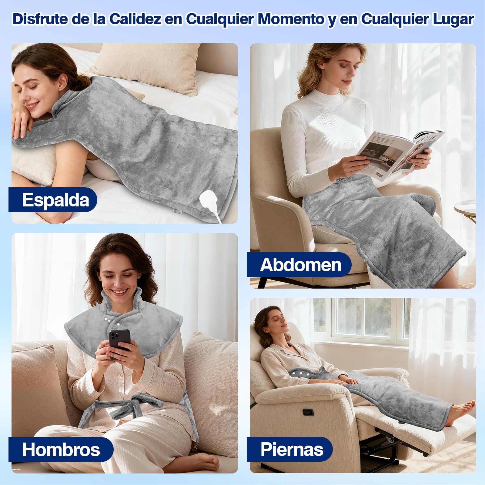 Almohadilla Térmica Eléctrica la Espalda y Cuello 60×100cm, 9 Niveles de Calor, 4 Temporizador, Manta Electrica con Apagado Automático, Calentamiento Rápido, Franela, Lavable Oficina y Hogar
