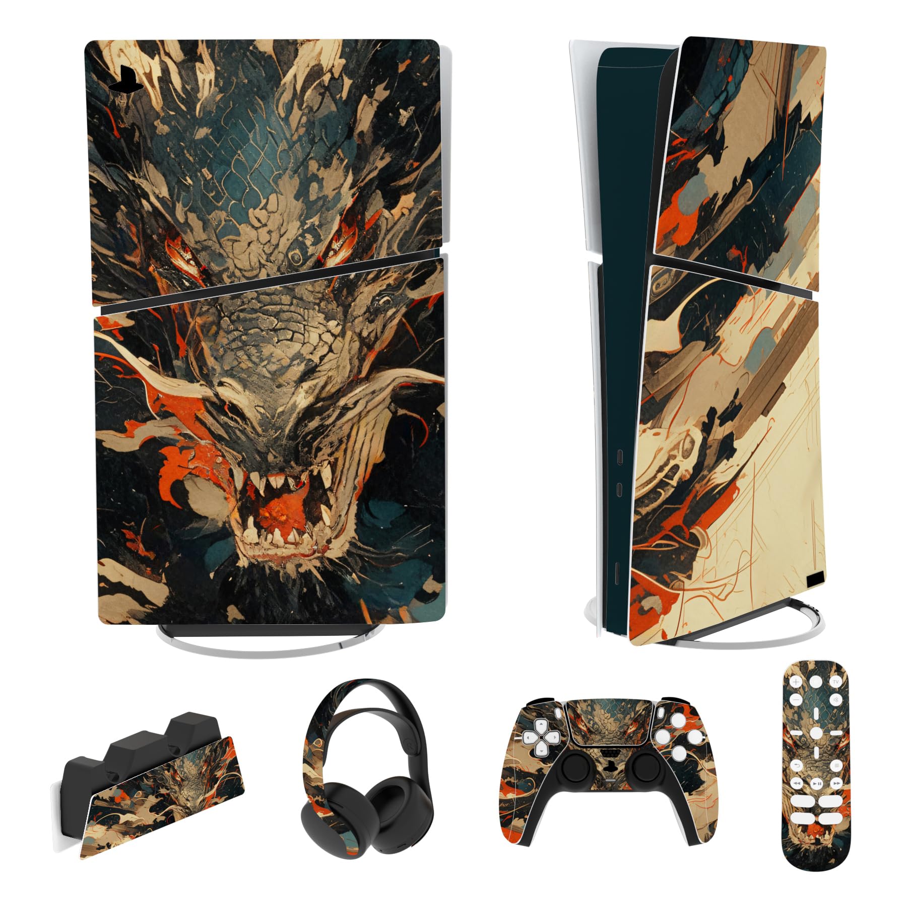 playvital Full Set Skin Sticker for ps5 Slim Console Digital Edition (The New Smaller Design), Vinyl Skin Decal Cover for ps5 Controller & Headset & Charging Station & Media Remote - The Great Wave — view 18