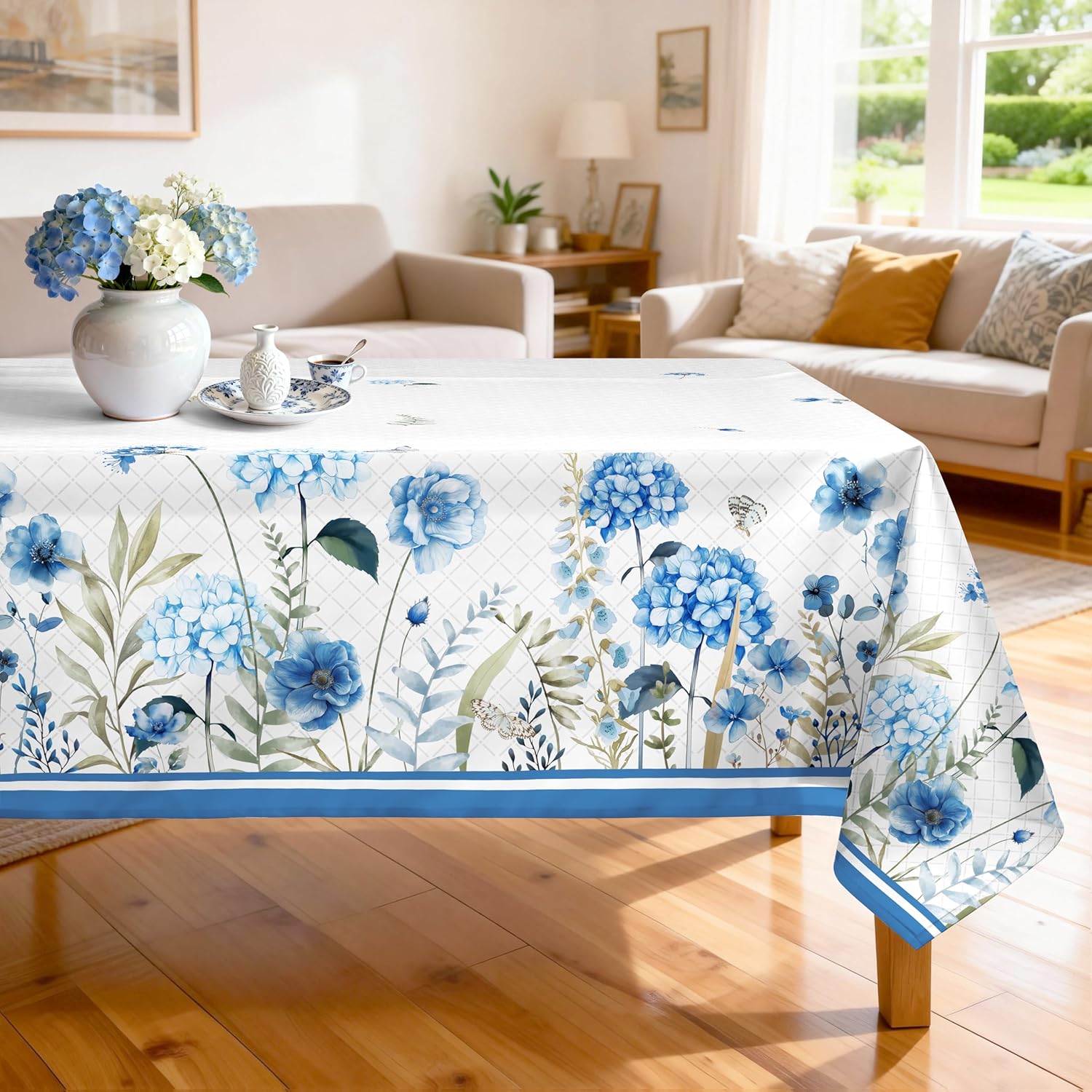 Spring Summer Flowers Tablecloth Waterproof, Blooming Hydrangea Table Cloth Rectangle Stain Resistant, Washable Table Cover for Home Kitchen Dining Party Decoration (60×120 Inch)