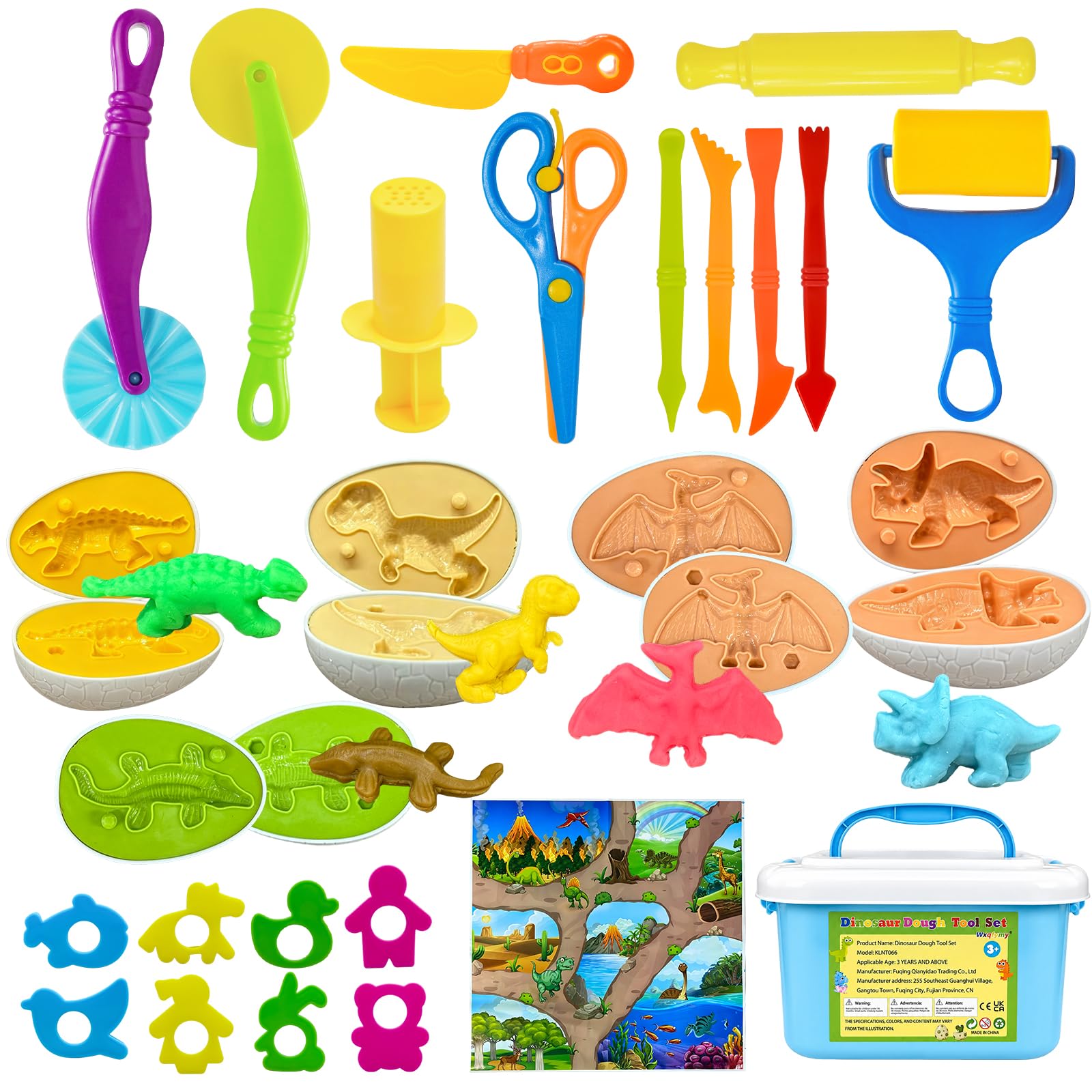 Dough Play Tools Set with Dinosaur Eggs 26Pcs | Dough Accessories,Dino Animals Makers,Storage Container, Cutters, Roller, Sculpting Tools, Educational Toys Gift for Kids