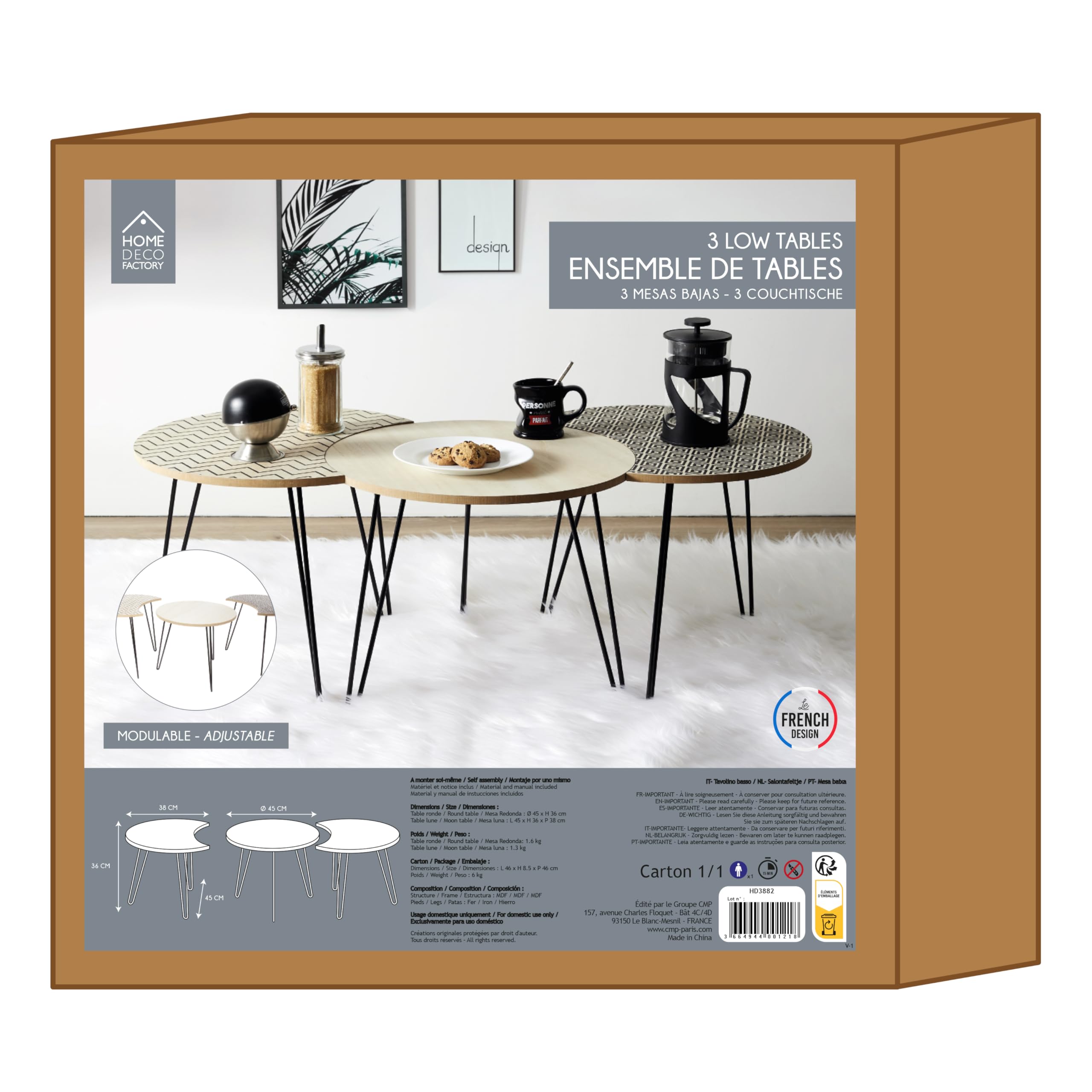 HOME DECO FACTORY HD3882 Set 3 MESAS AUXILIARES Puzzle, Polyester, Beige/Nero, 45 x 45 x 36 cm